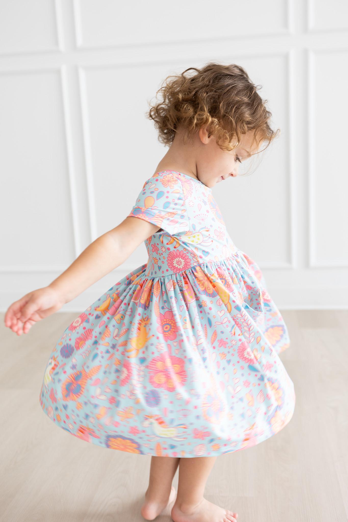 SALE Blue Retro Unicorns S/S Pocket Twirl Dress - Aaria Tees Aaria Tees