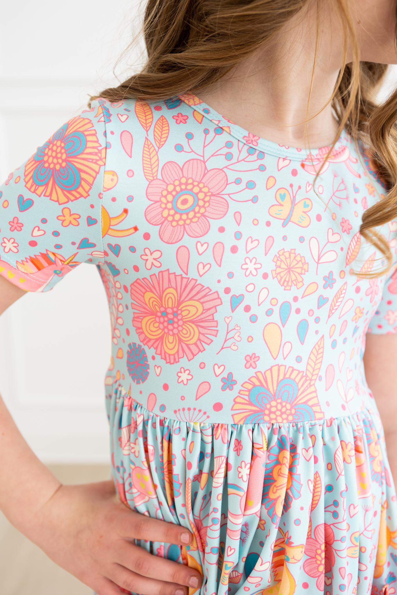SALE Blue Retro Unicorns S/S Pocket Twirl Dress - Aaria Tees Aaria Tees