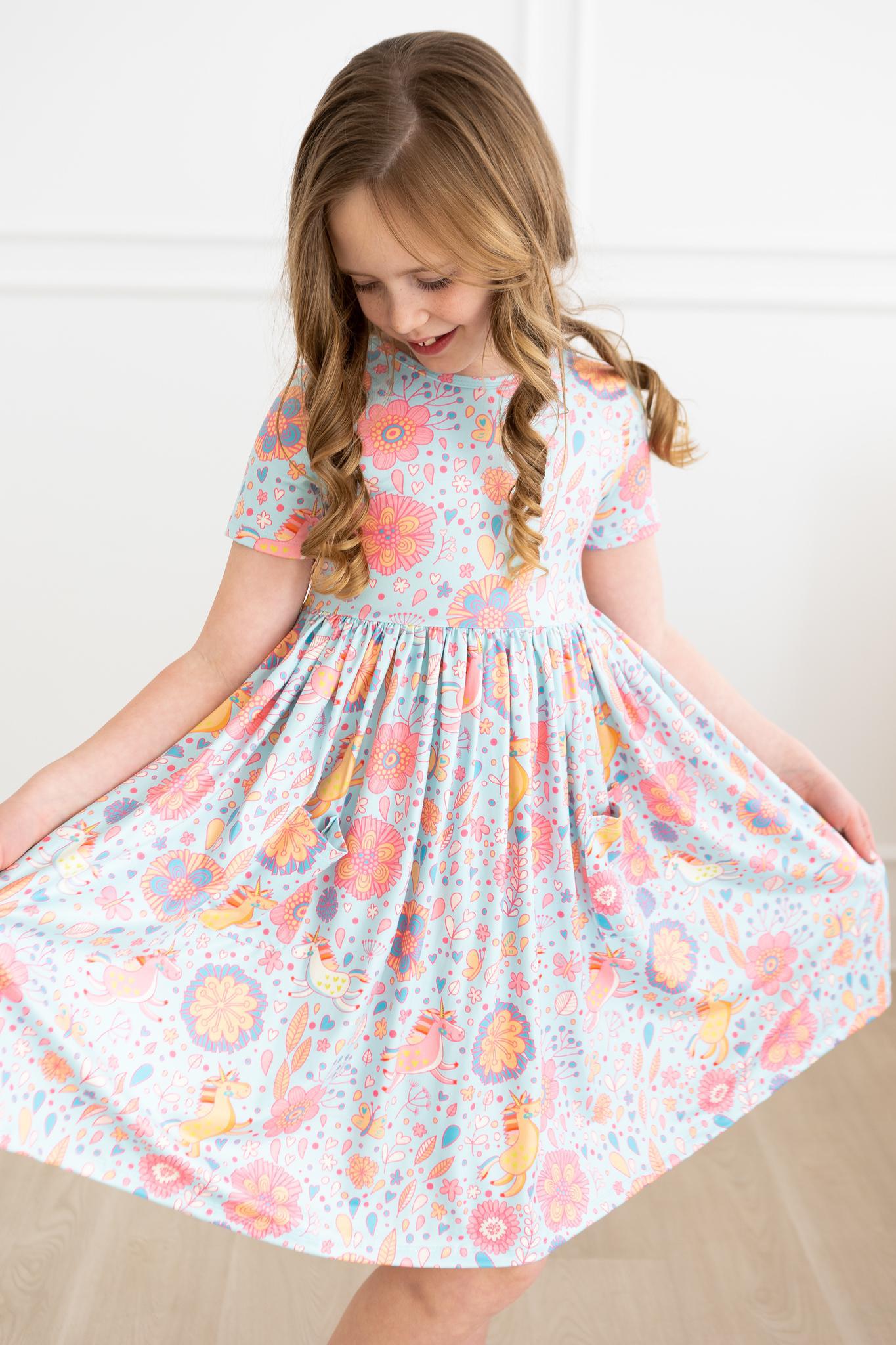 SALE Blue Retro Unicorns S/S Pocket Twirl Dress - Aaria Tees Aaria Tees