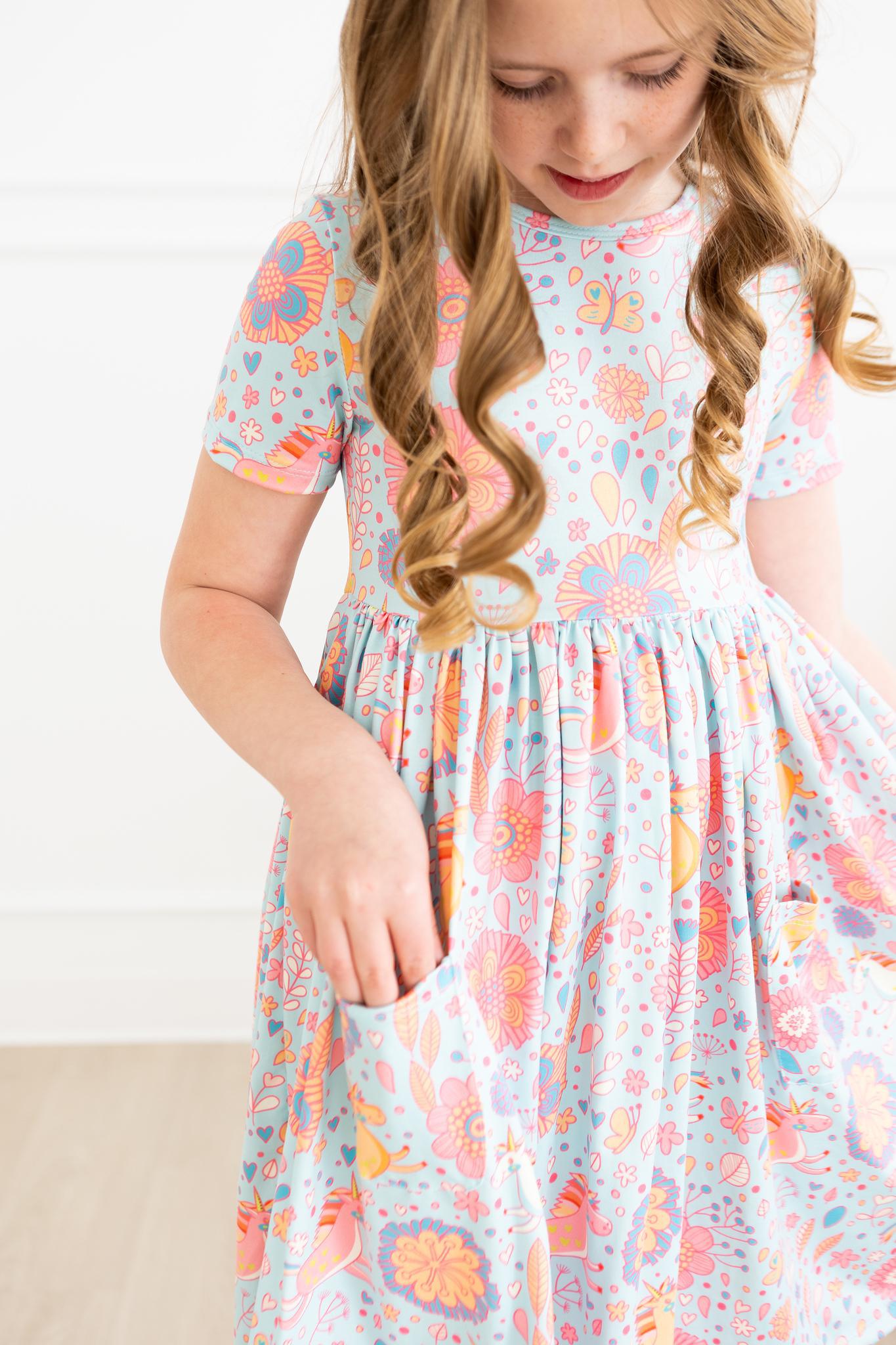 SALE Blue Retro Unicorns S/S Pocket Twirl Dress - Aaria Tees Aaria Tees