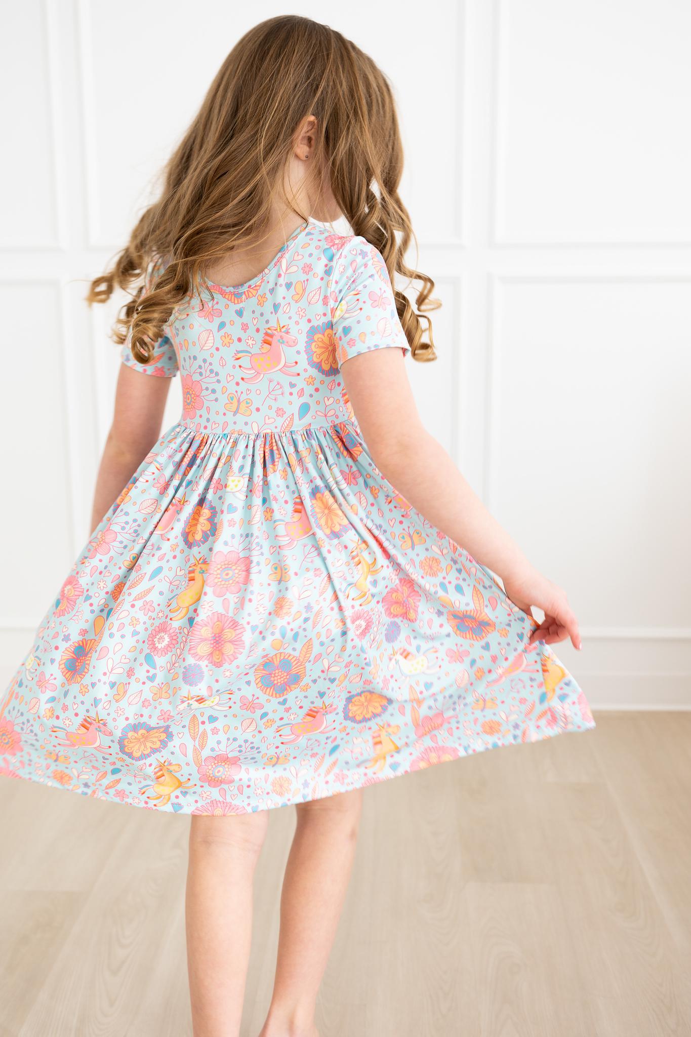 SALE Blue Retro Unicorns S/S Pocket Twirl Dress - Aaria Tees Aaria Tees