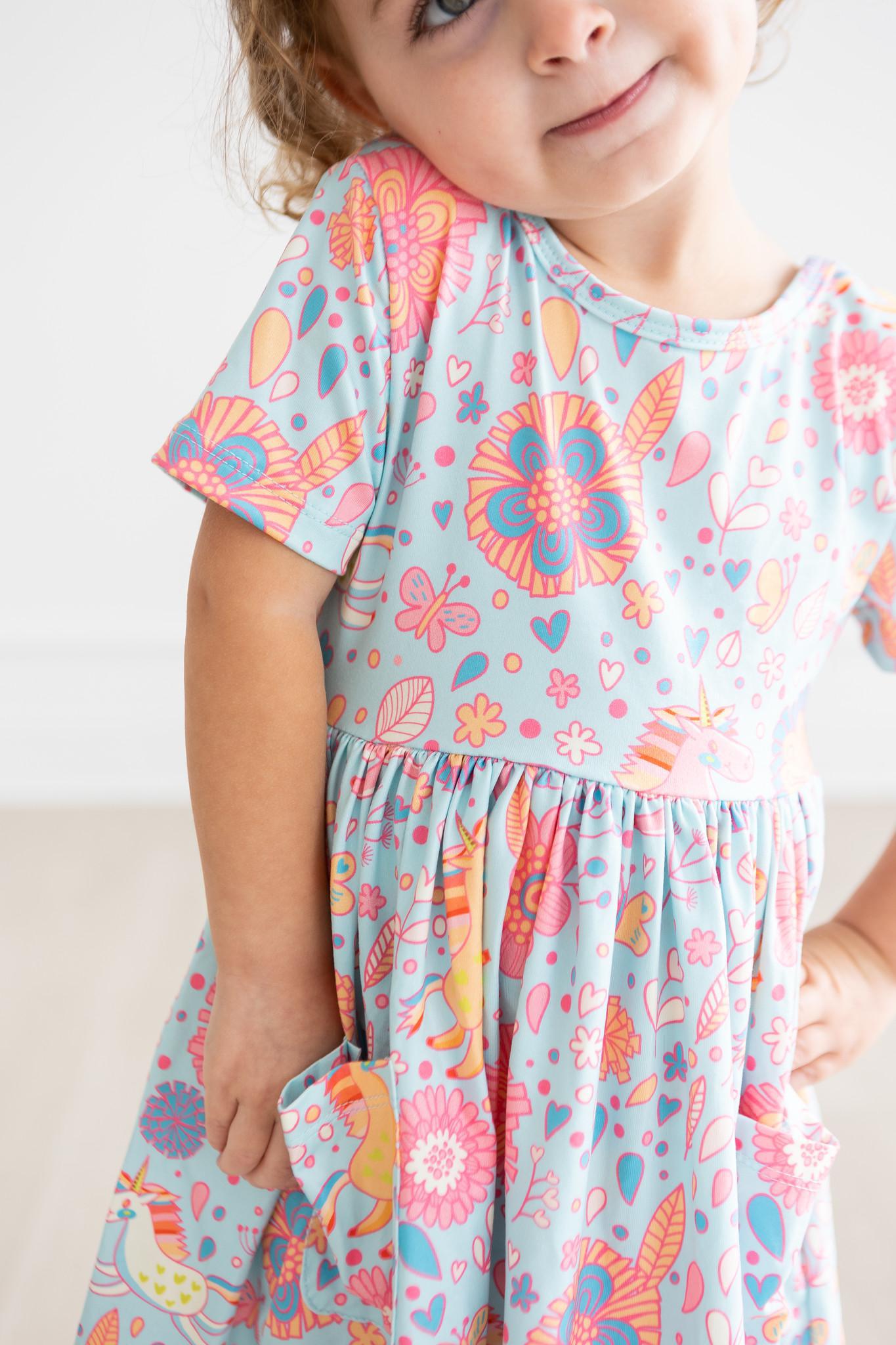 SALE Blue Retro Unicorns S/S Pocket Twirl Dress - Aaria Tees Aaria Tees