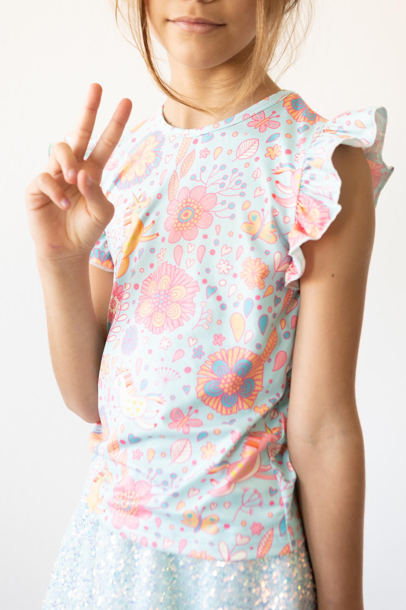 SALE Blue Retro Unicorns S/S Ruffle Tee - Aaria Tees Aaria Tees