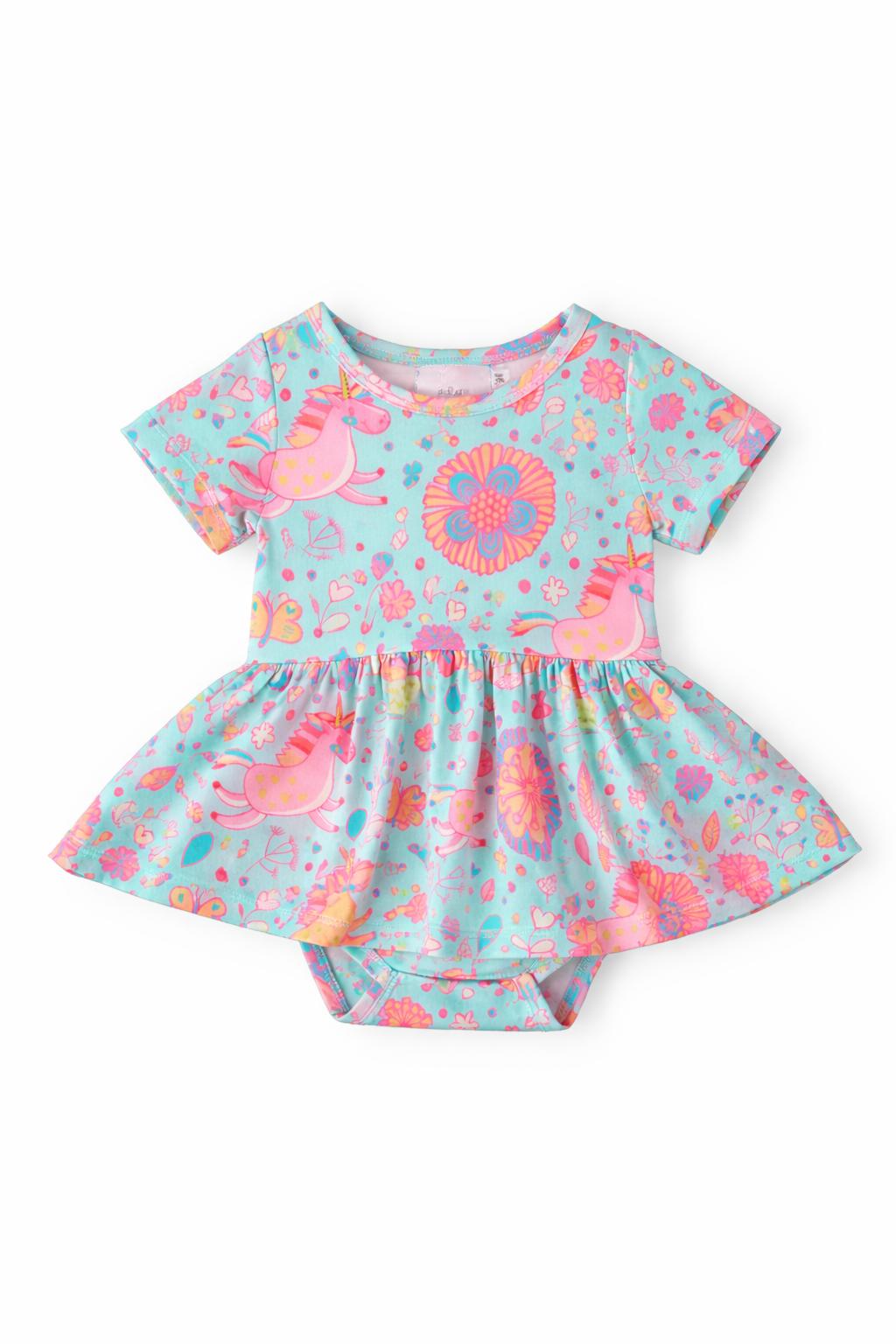SALE Blue Retro Unicorns S/S Twirl Bodysuit - Aaria Tees Aaria Tees