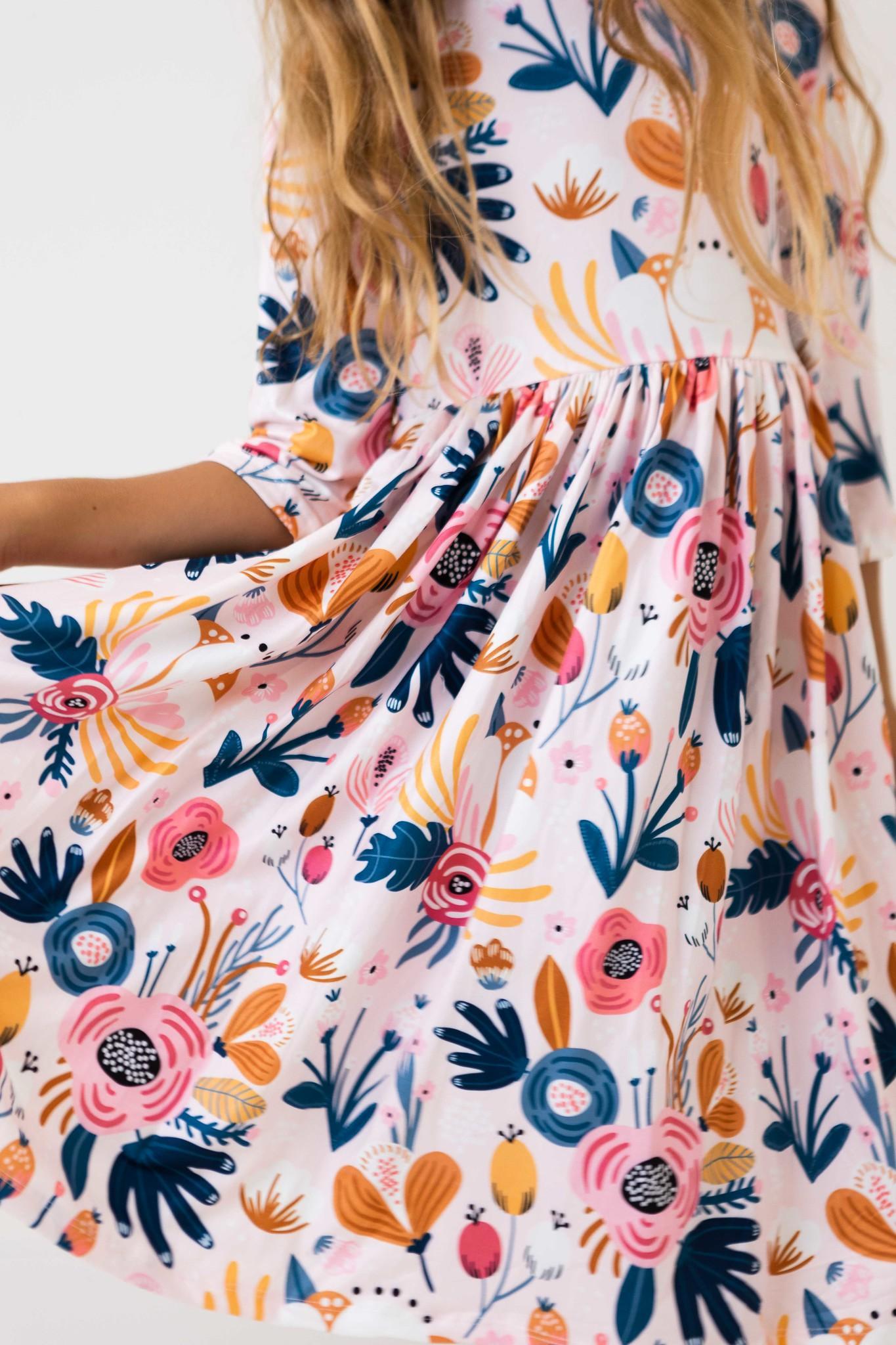 Blush Peony 3/4 Sleeve Pocket Twirl Dress - Aaria Tees Aaria Tees