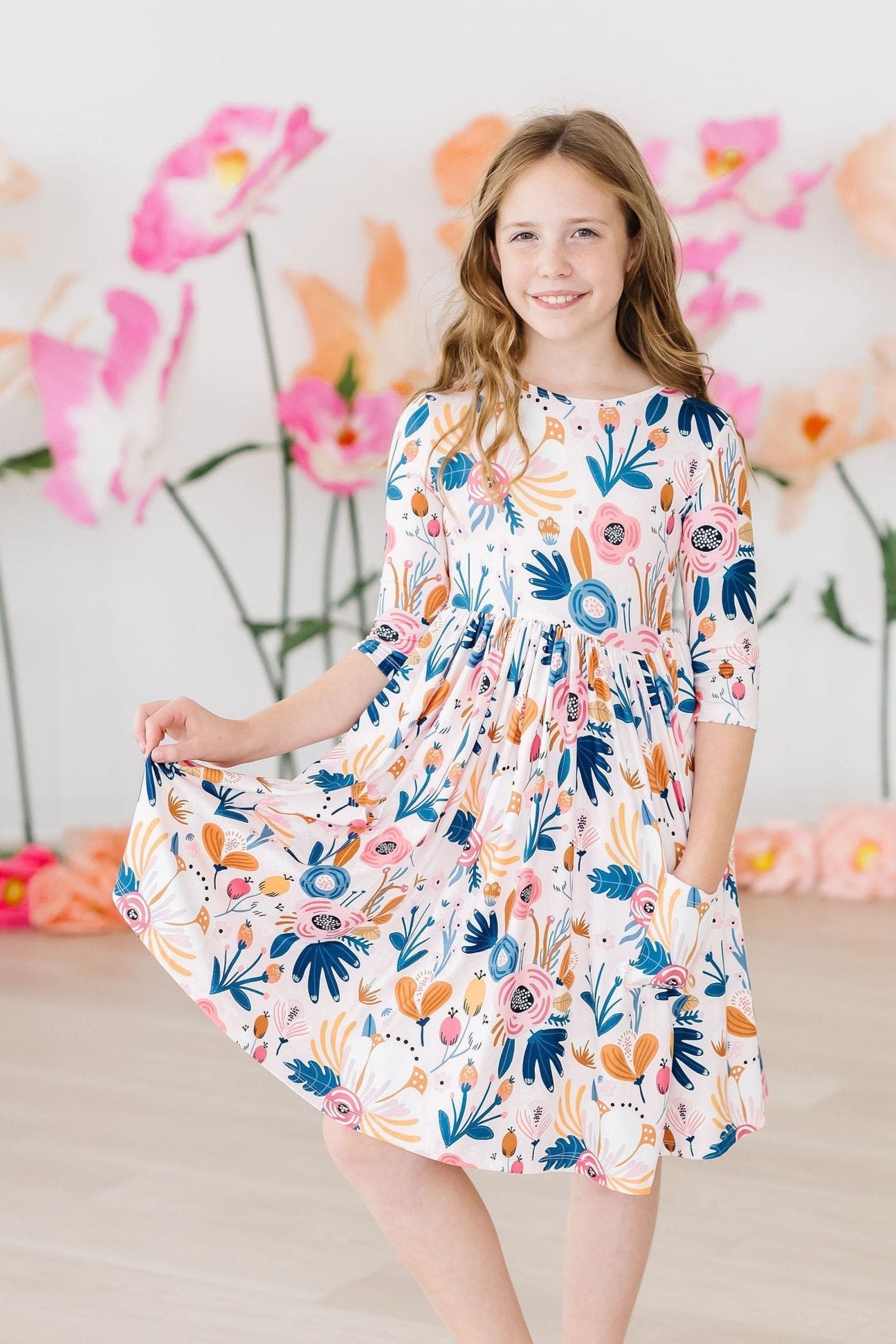 Blush Peony 3/4 Sleeve Pocket Twirl Dress - Aaria Tees Aaria Tees