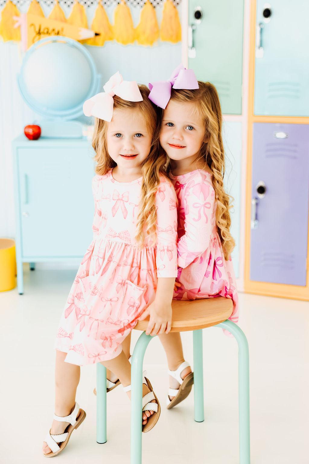 Blushing Bows 3/4 Sleeve Pocket Twirl Dress - Aaria Tees Aaria Tees