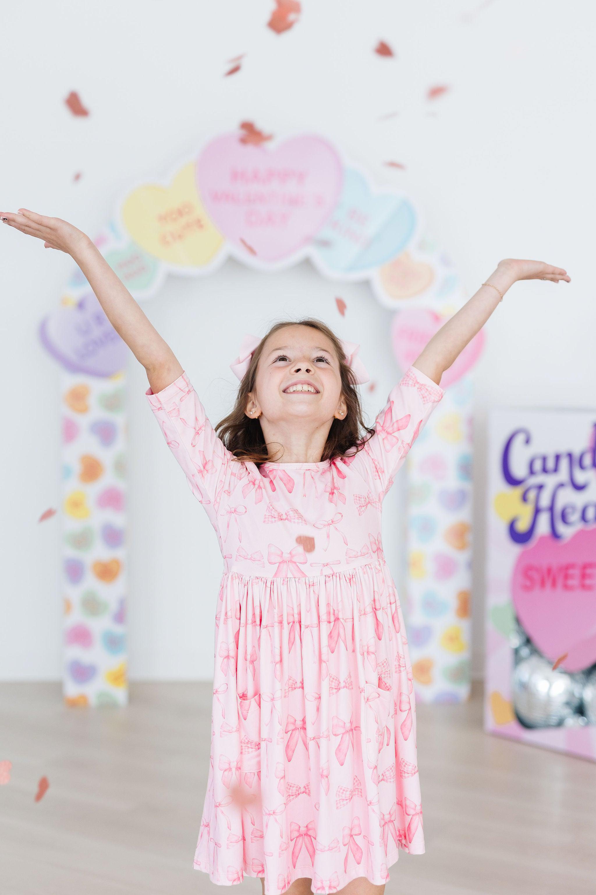 Blushing Bows 3/4 Sleeve Pocket Twirl Dress - Aaria Tees Aaria Tees