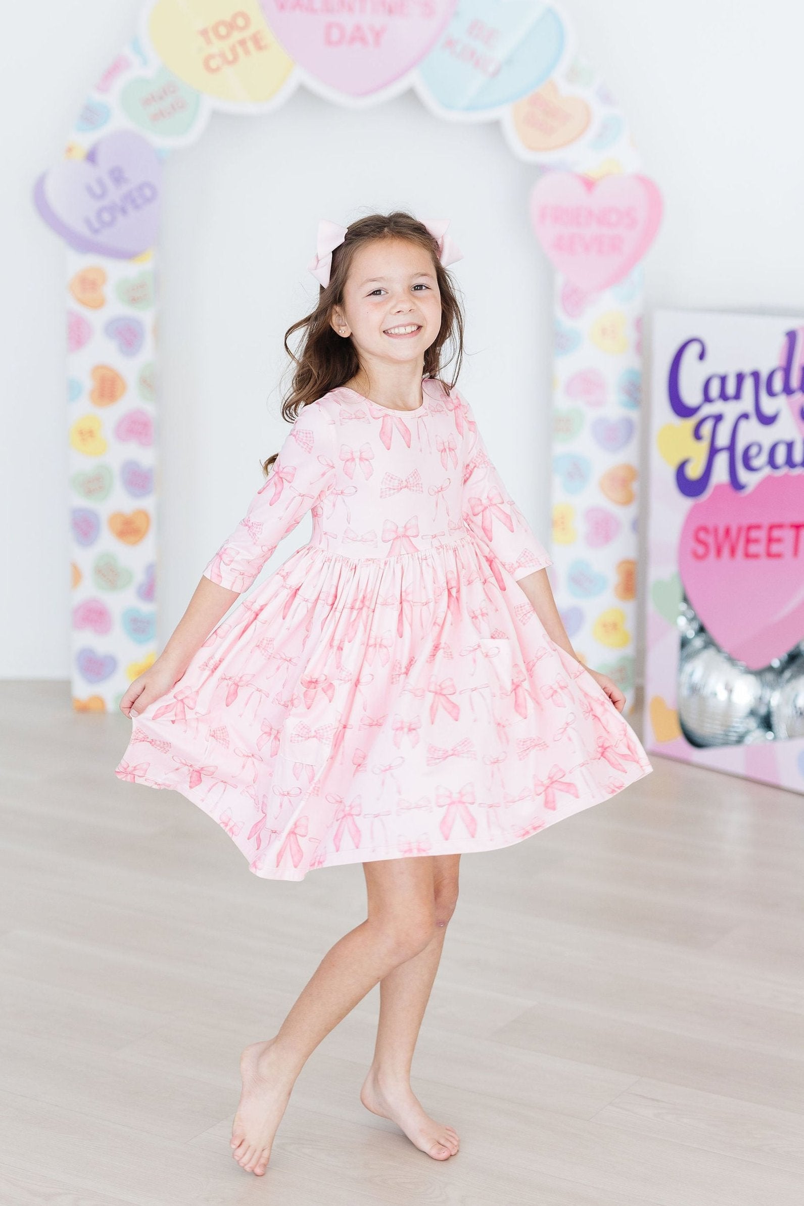Blushing Bows 3/4 Sleeve Pocket Twirl Dress - Aaria Tees Aaria Tees
