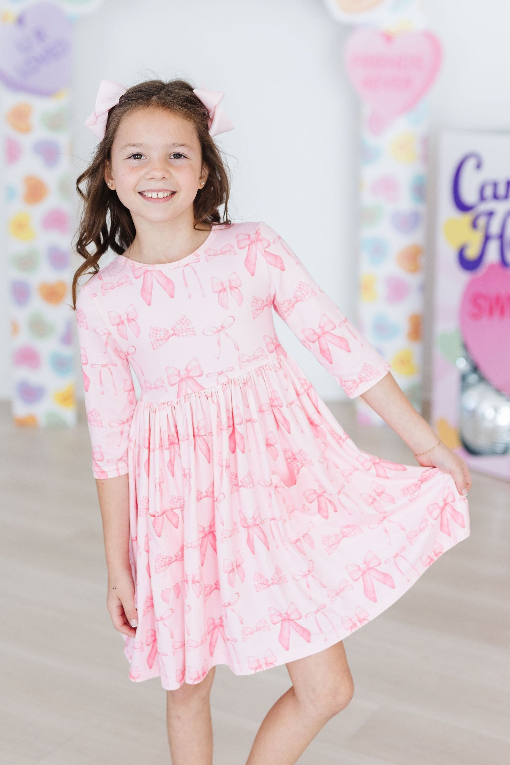 Blushing Bows 3/4 Sleeve Pocket Twirl Dress - Aaria Tees Aaria Tees