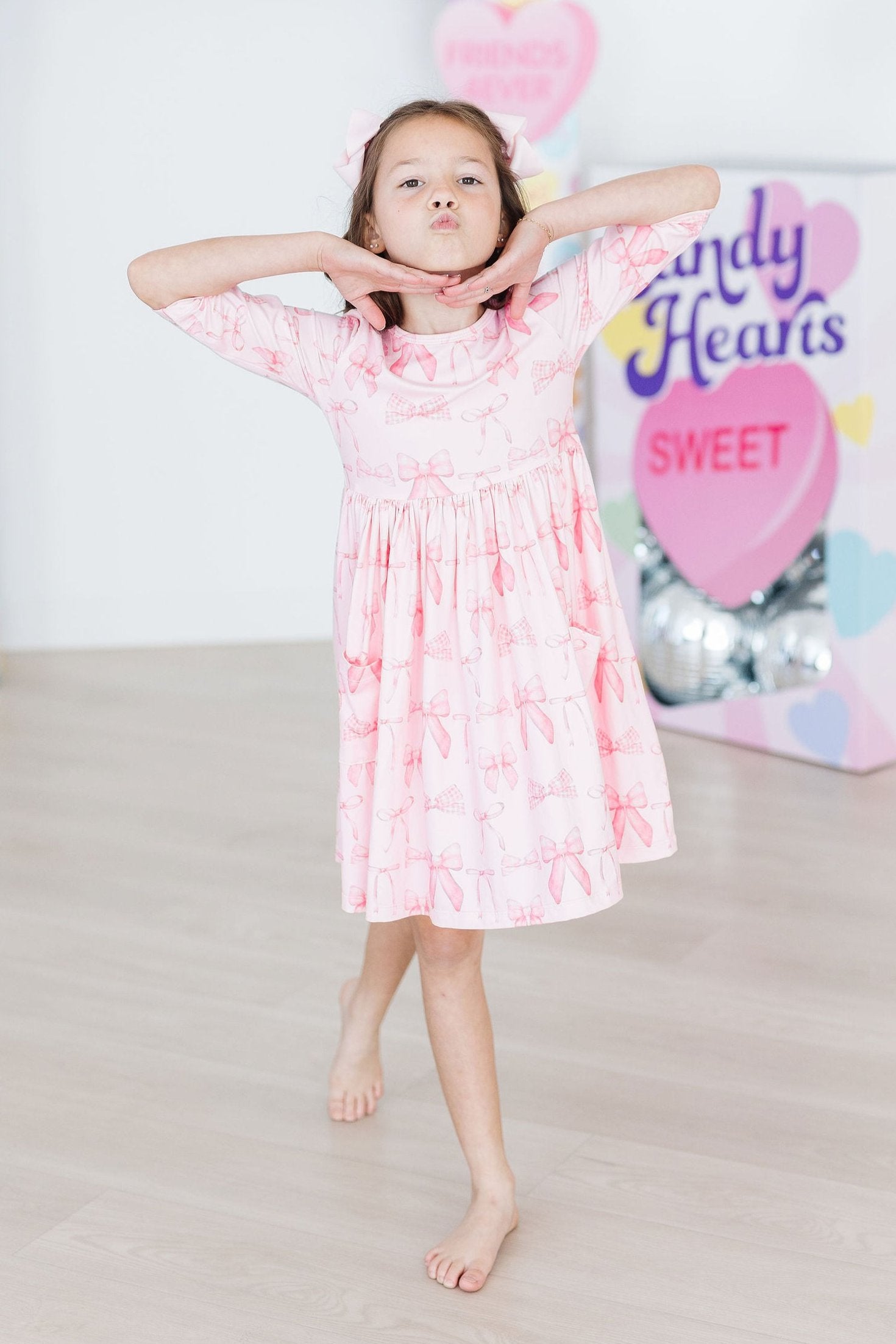 Blushing Bows 3/4 Sleeve Pocket Twirl Dress - Aaria Tees Aaria Tees