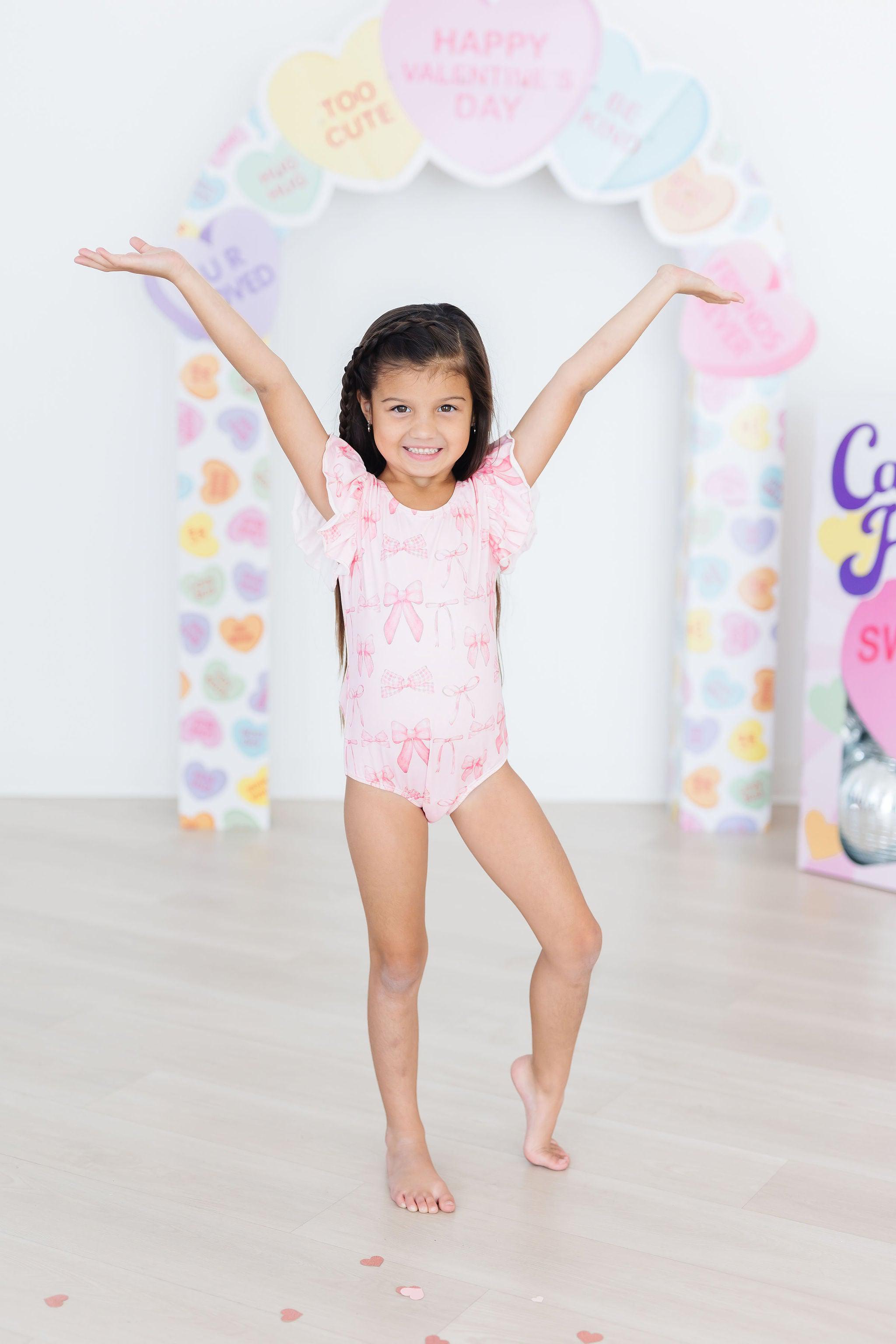Blushing Bows S/S Flutter Sleeve Leotard - Aaria Tees Aaria Tees