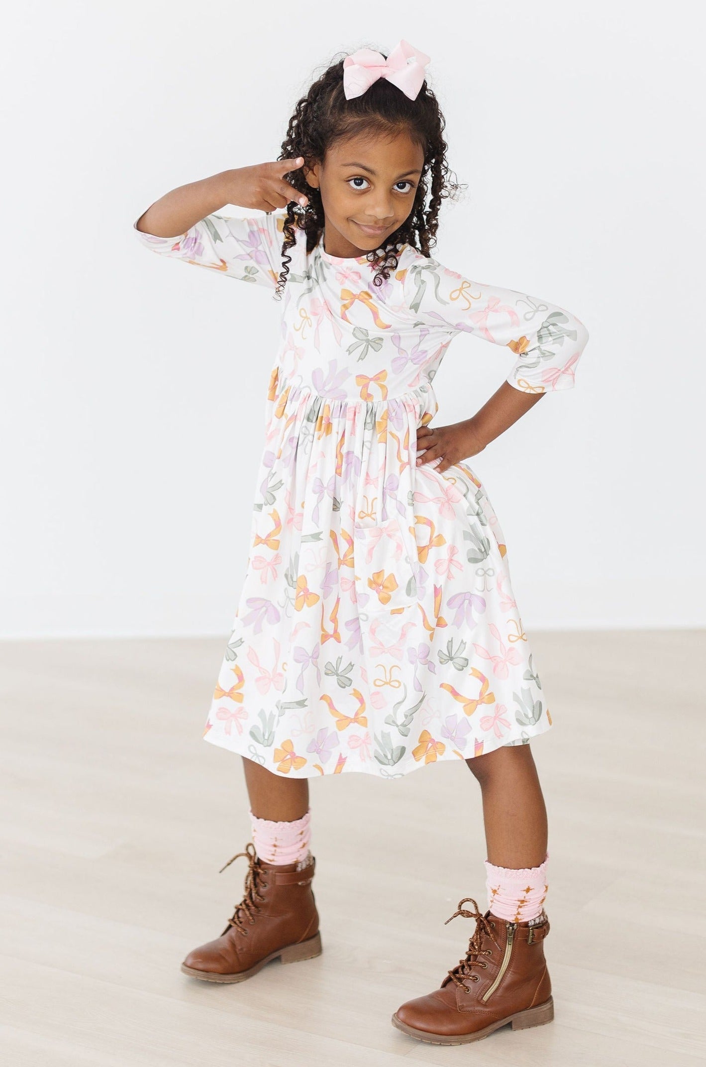 Boho Bows 3/4 Sleeve Pocket Twirl Dress - Aaria Tees Aaria Tees