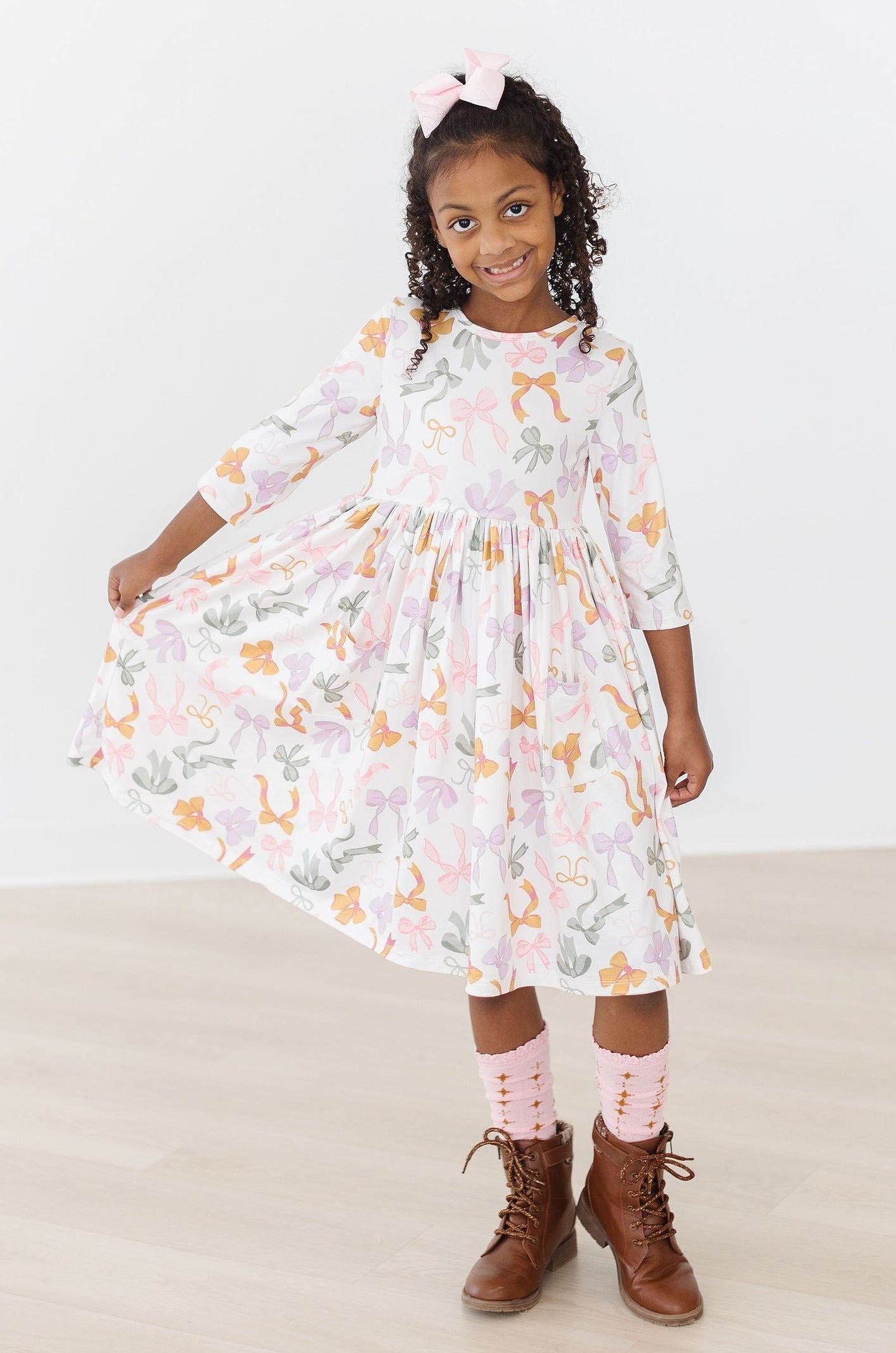 Boho Bows 3/4 Sleeve Pocket Twirl Dress - Aaria Tees Aaria Tees