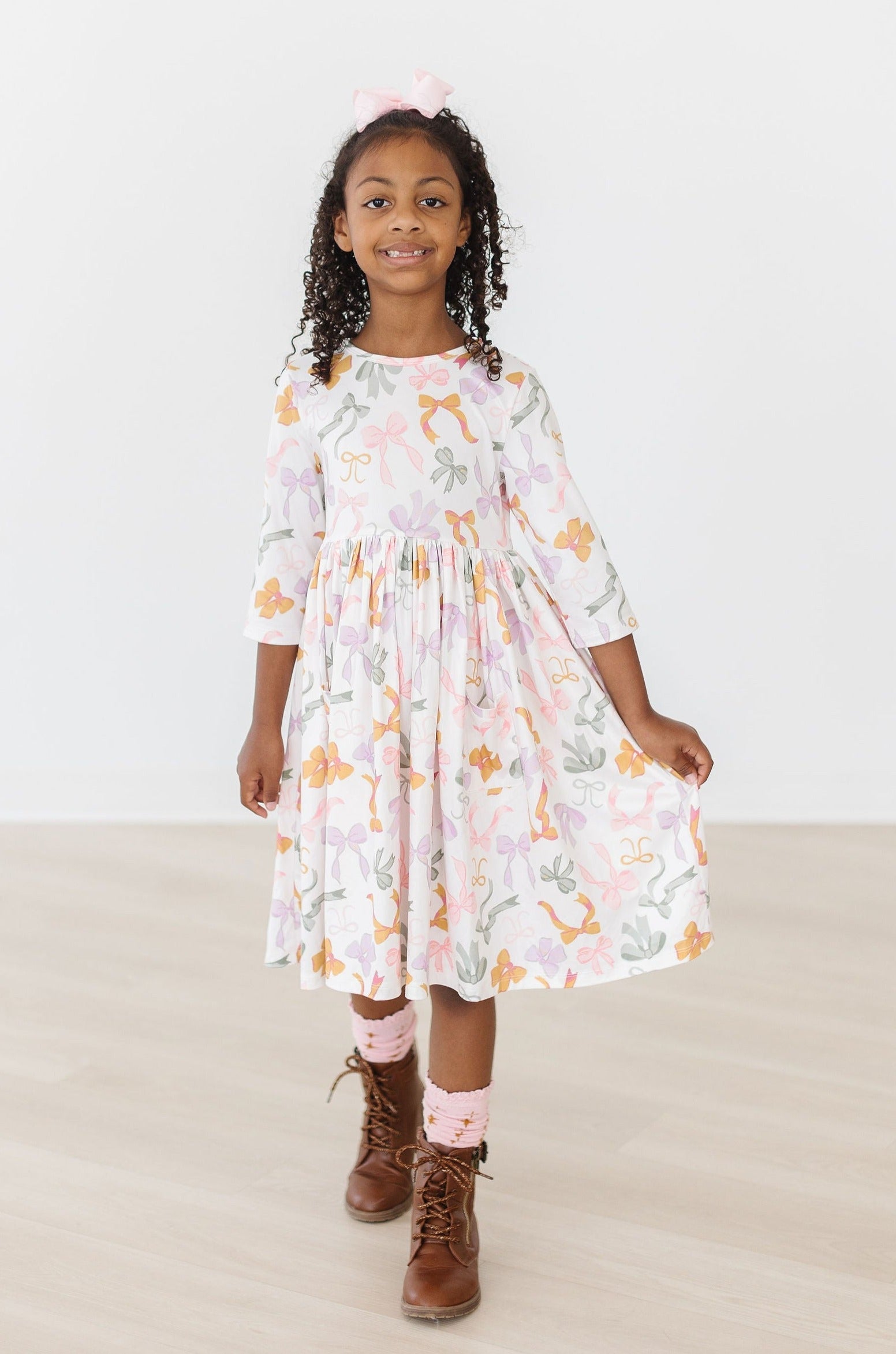 Boho Bows 3/4 Sleeve Pocket Twirl Dress - Aaria Tees Aaria Tees