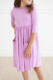 Bright Lilac 3/4 Sleeve Pocket Twirl Dress - Aaria Tees Aaria Tees