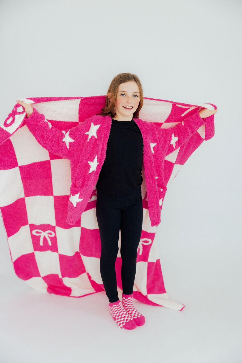 Bright Pink Checker Bow Cozy Blanket - Aaria Tees Aaria Tees