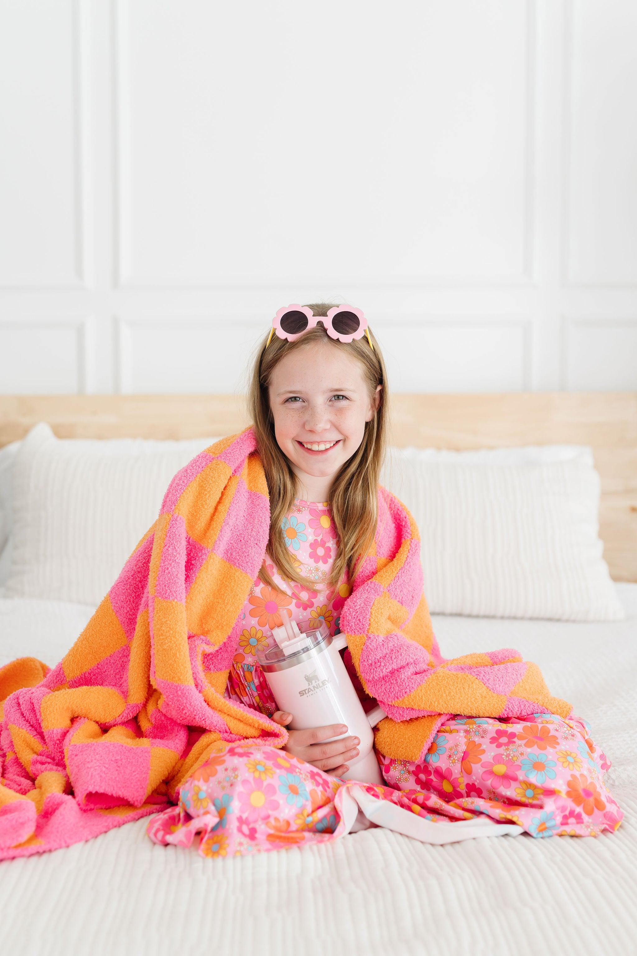 Bright Pink/Orange Checker Cozy Blanket - Aaria Tees Aaria Tees