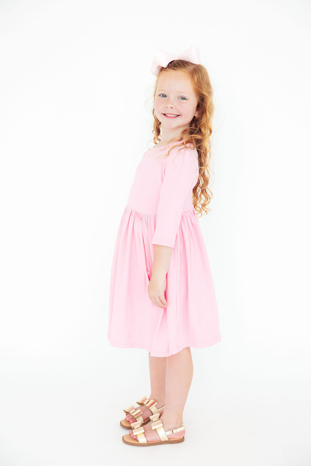 Bubblegum Pink 3/4 Sleeve Pocket Twirl Dress - Aaria Tees Aaria Tees