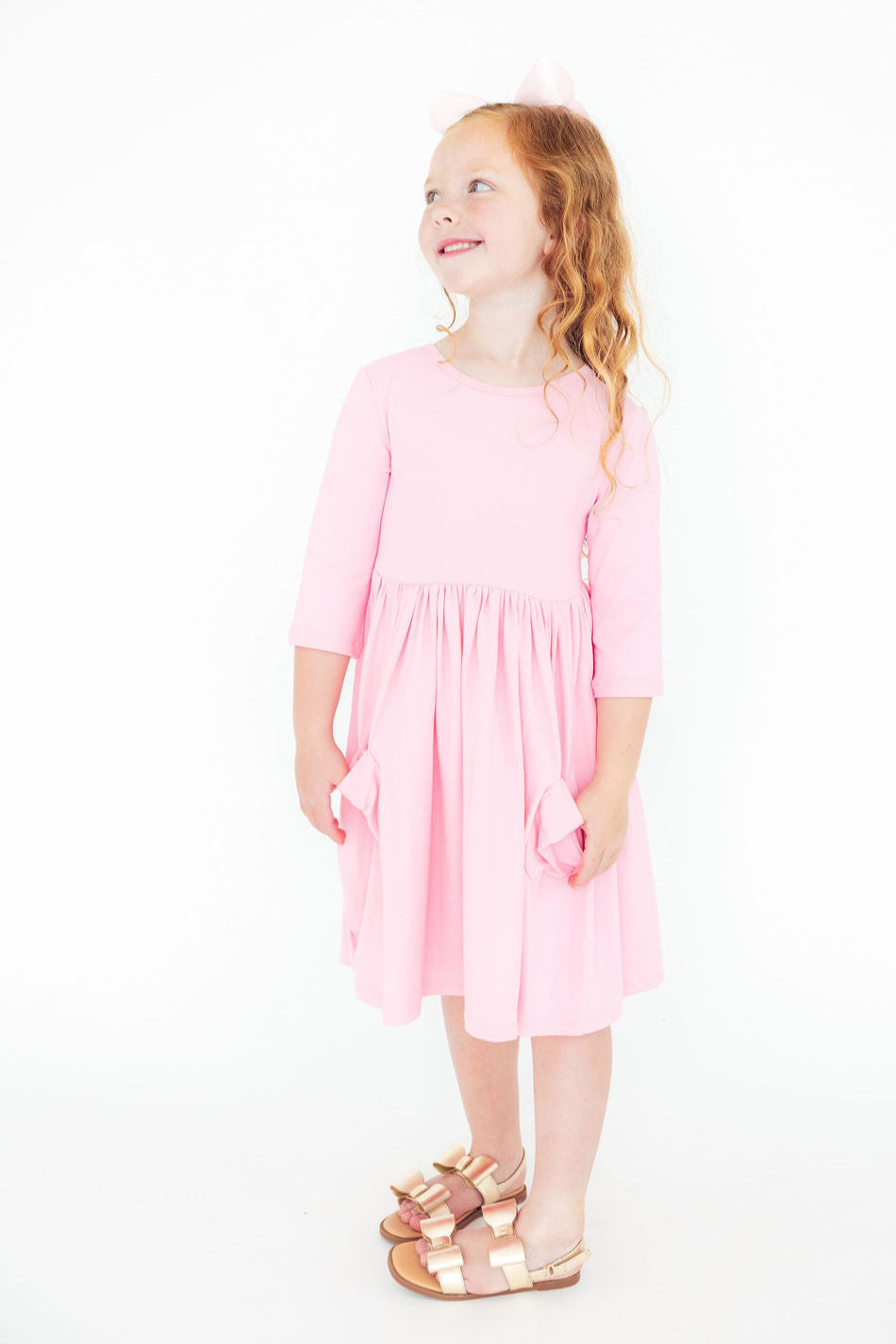Bubblegum Pink 3/4 Sleeve Pocket Twirl Dress - Aaria Tees Aaria Tees