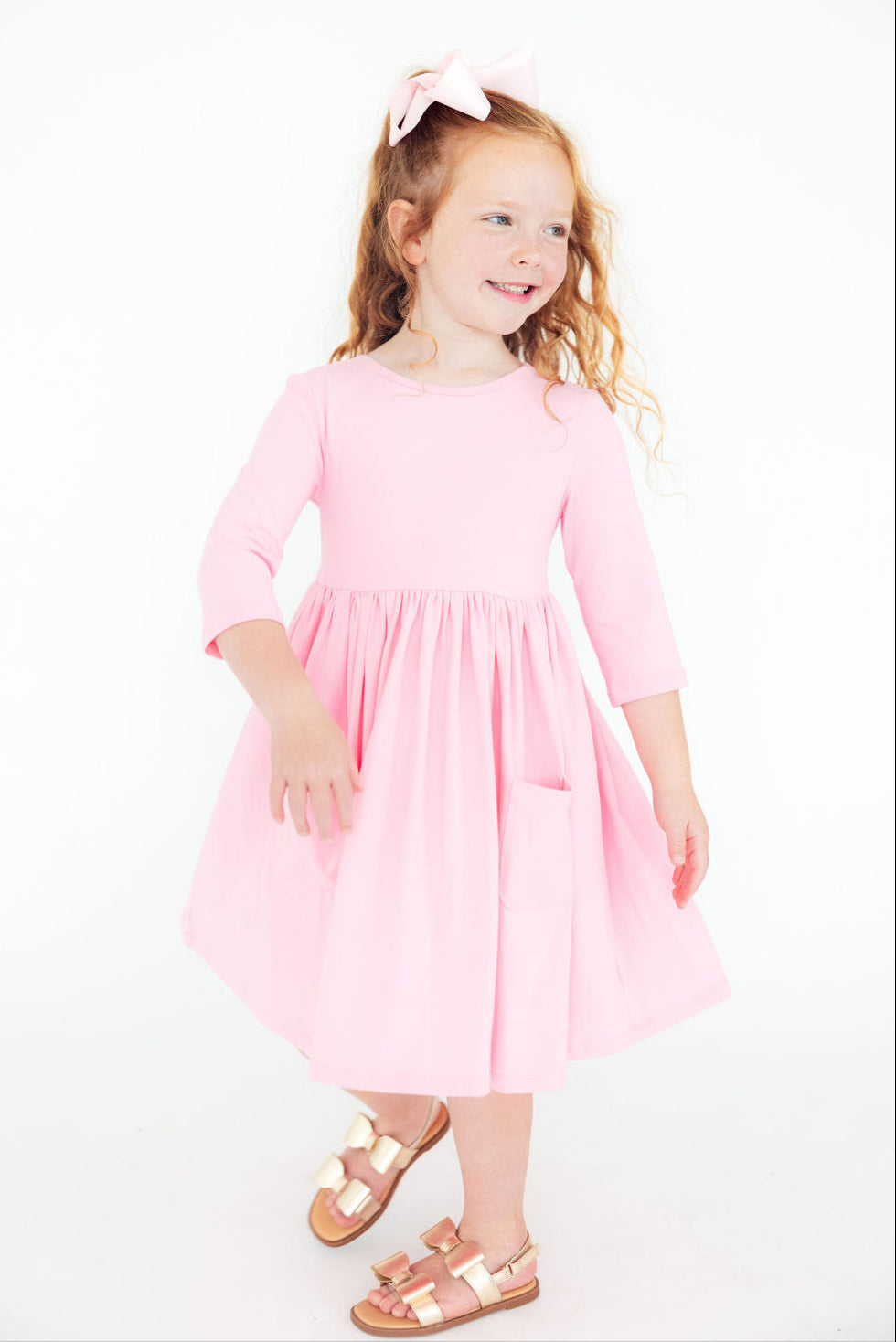 Bubblegum Pink 3/4 Sleeve Pocket Twirl Dress - Aaria Tees Aaria Tees