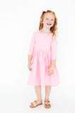 Bubblegum Pink 3/4 Sleeve Pocket Twirl Dress - Aaria Tees Aaria Tees