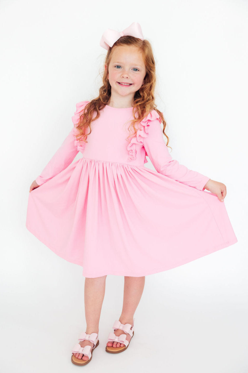 Bubblegum Pink L/S Ruffle Twirl Dress - Aaria Tees Aaria Tees