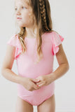 Bubblegum Pink S/S Flutter Sleeve Leotard - Aaria Tees Aaria Tees