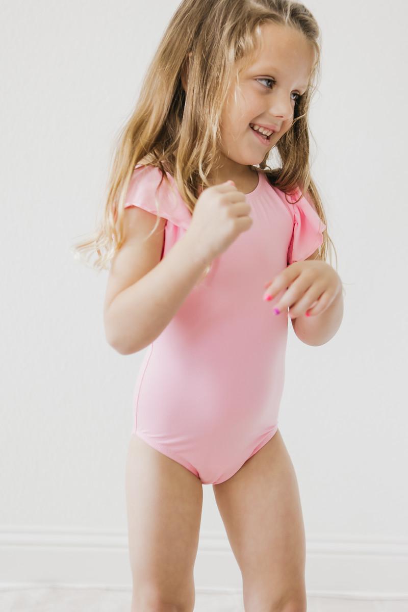 Bubblegum Pink S/S Flutter Sleeve Leotard - Aaria Tees Aaria Tees