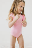 Bubblegum Pink S/S Flutter Sleeve Leotard - Aaria Tees Aaria Tees