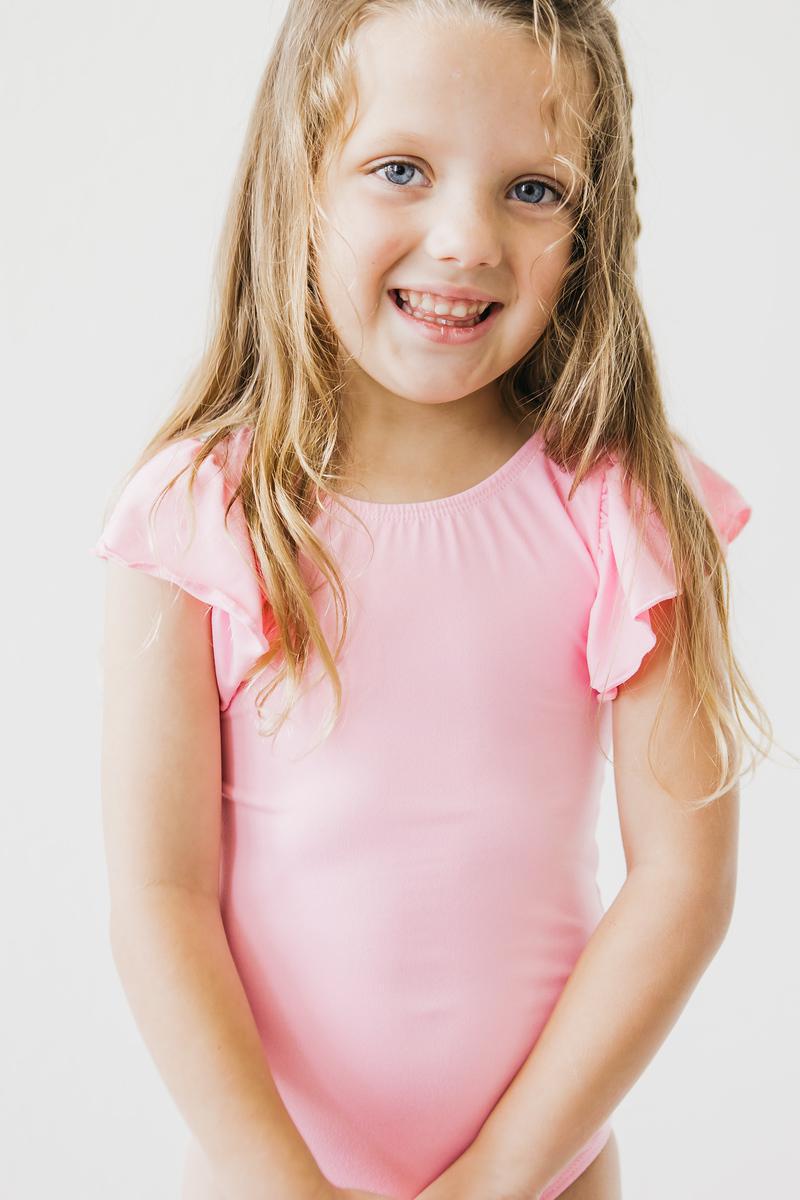 Bubblegum Pink S/S Flutter Sleeve Leotard - Aaria Tees Aaria Tees