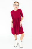Burgundy 3/4 Sleeve Pocket Twirl Dress - Aaria Tees Aaria Tees