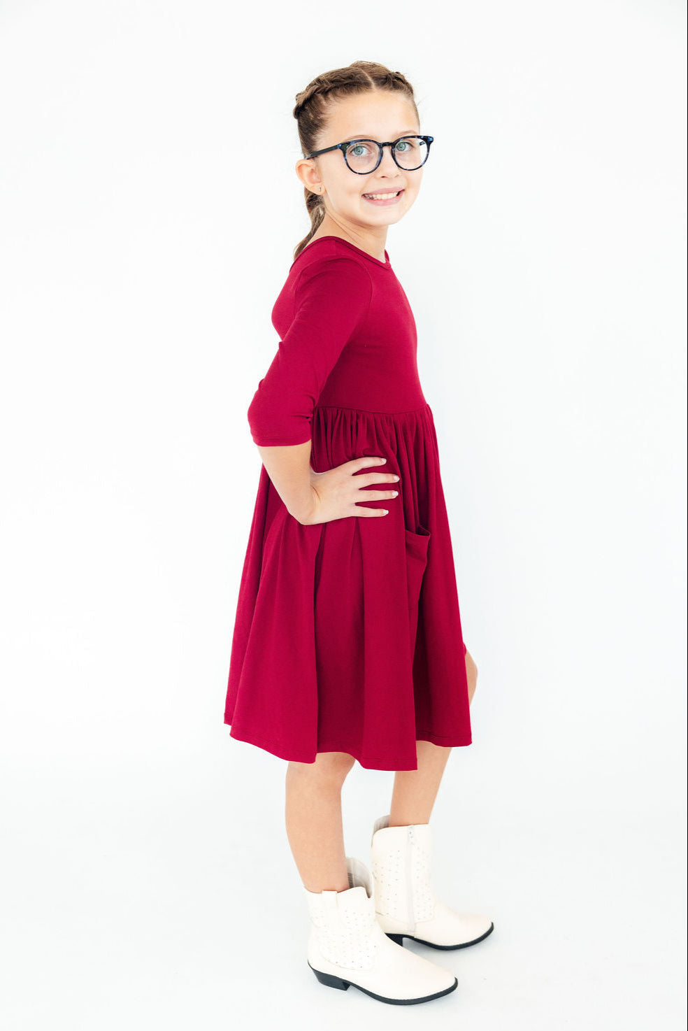 Burgundy 3/4 Sleeve Pocket Twirl Dress - Aaria Tees Aaria Tees