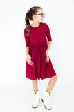 Burgundy 3/4 Sleeve Pocket Twirl Dress - Aaria Tees Aaria Tees
