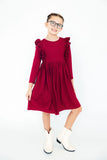 Burgundy L/S Ruffle Twirl Dress - Aaria Tees Aaria Tees