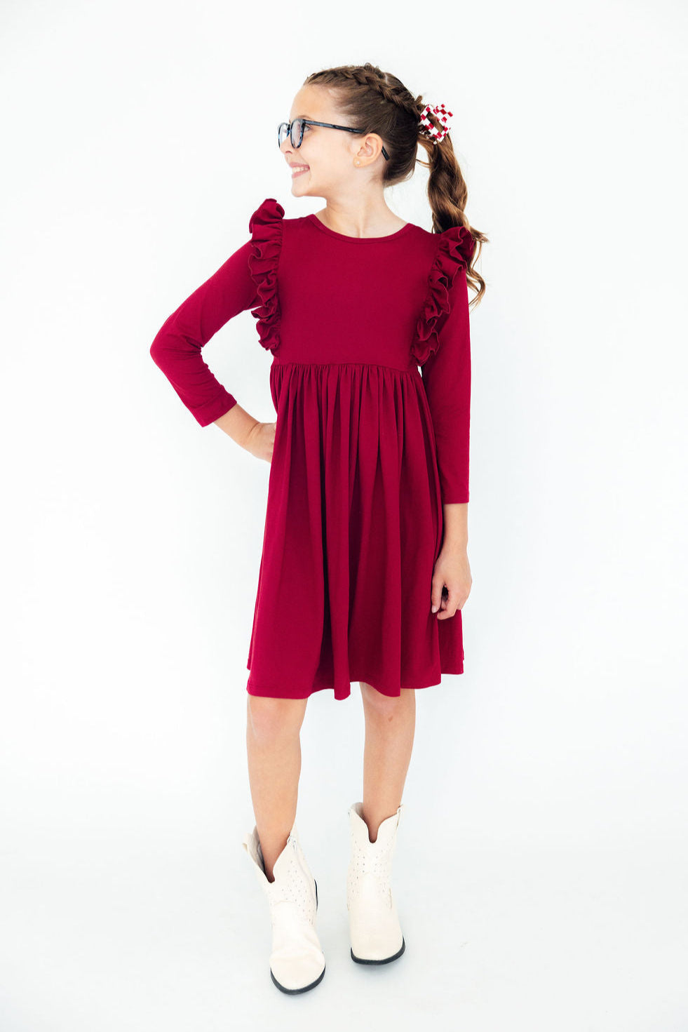 Burgundy L/S Ruffle Twirl Dress - Aaria Tees Aaria Tees