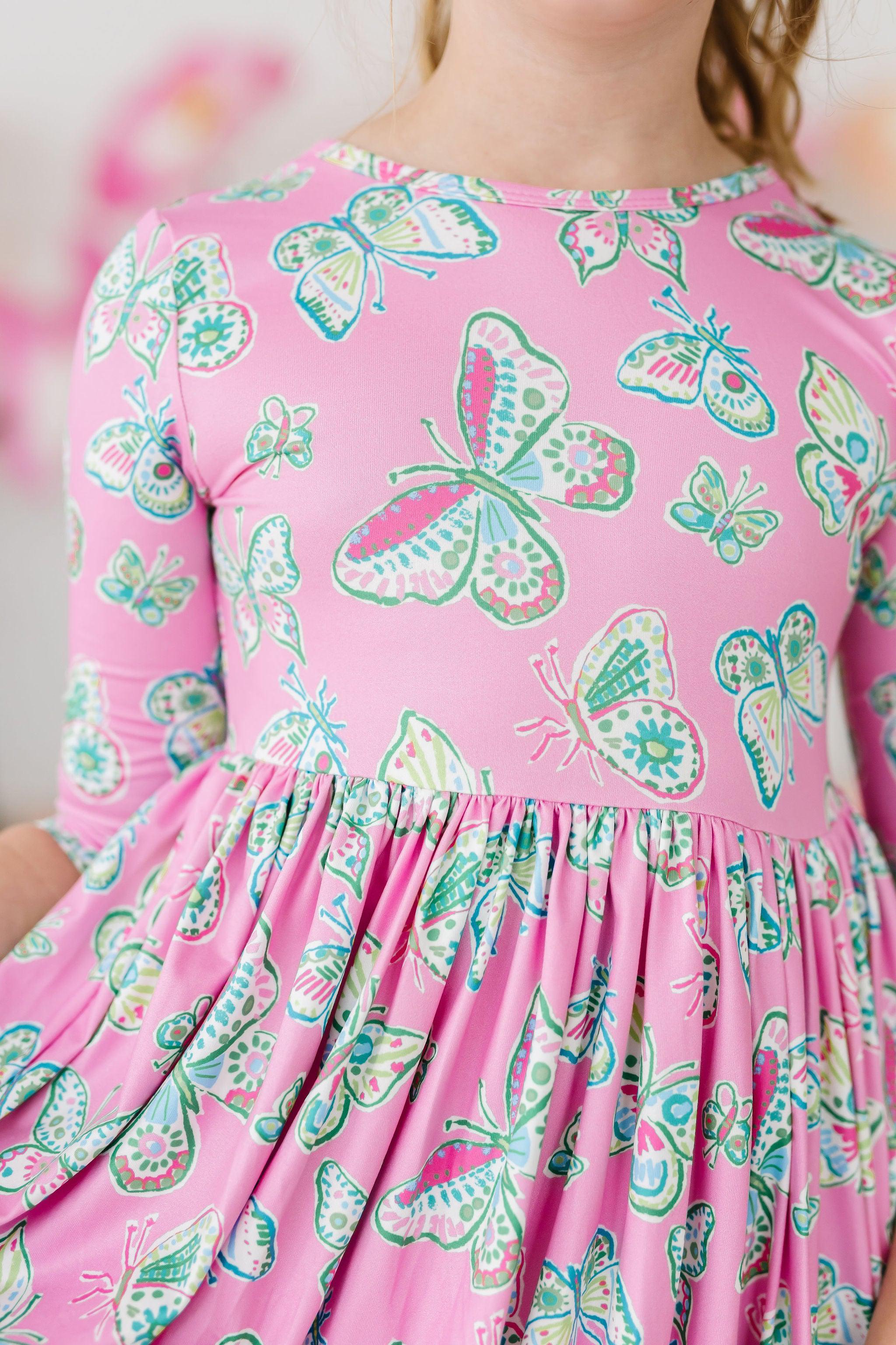 Butterfly Garden 3/4 Sleeve Pocket Twirl Dress - Aaria Tees Aaria Tees