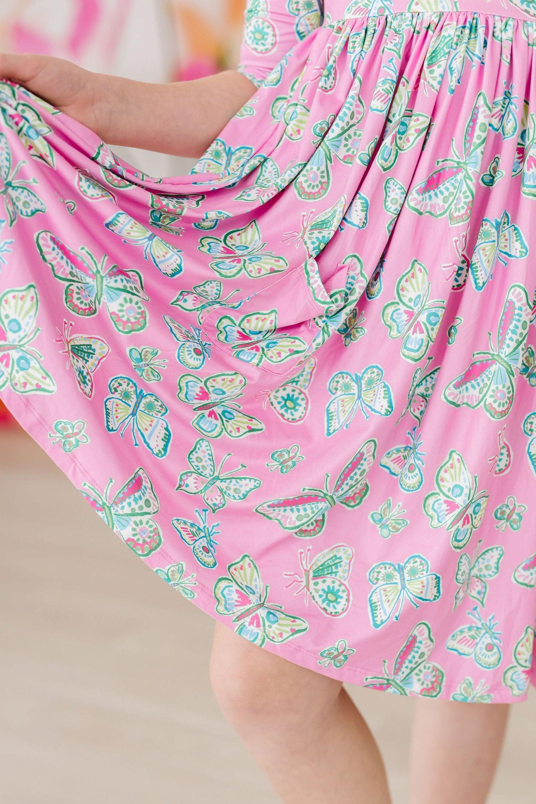 Butterfly Garden 3/4 Sleeve Pocket Twirl Dress - Aaria Tees Aaria Tees