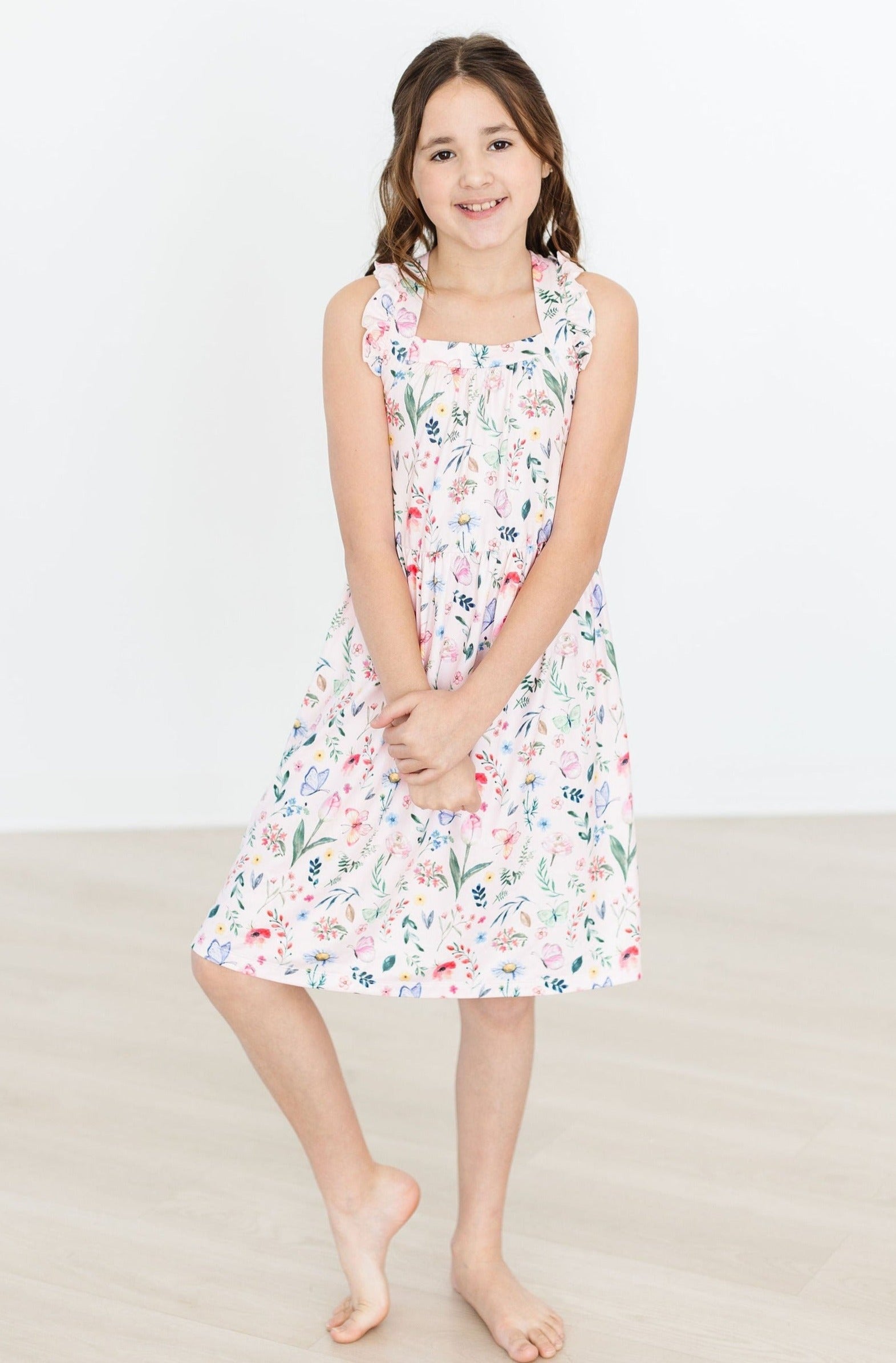 Butterfly Meadows Ruffle Cross Back Dress - Aaria Tees Aaria Tees