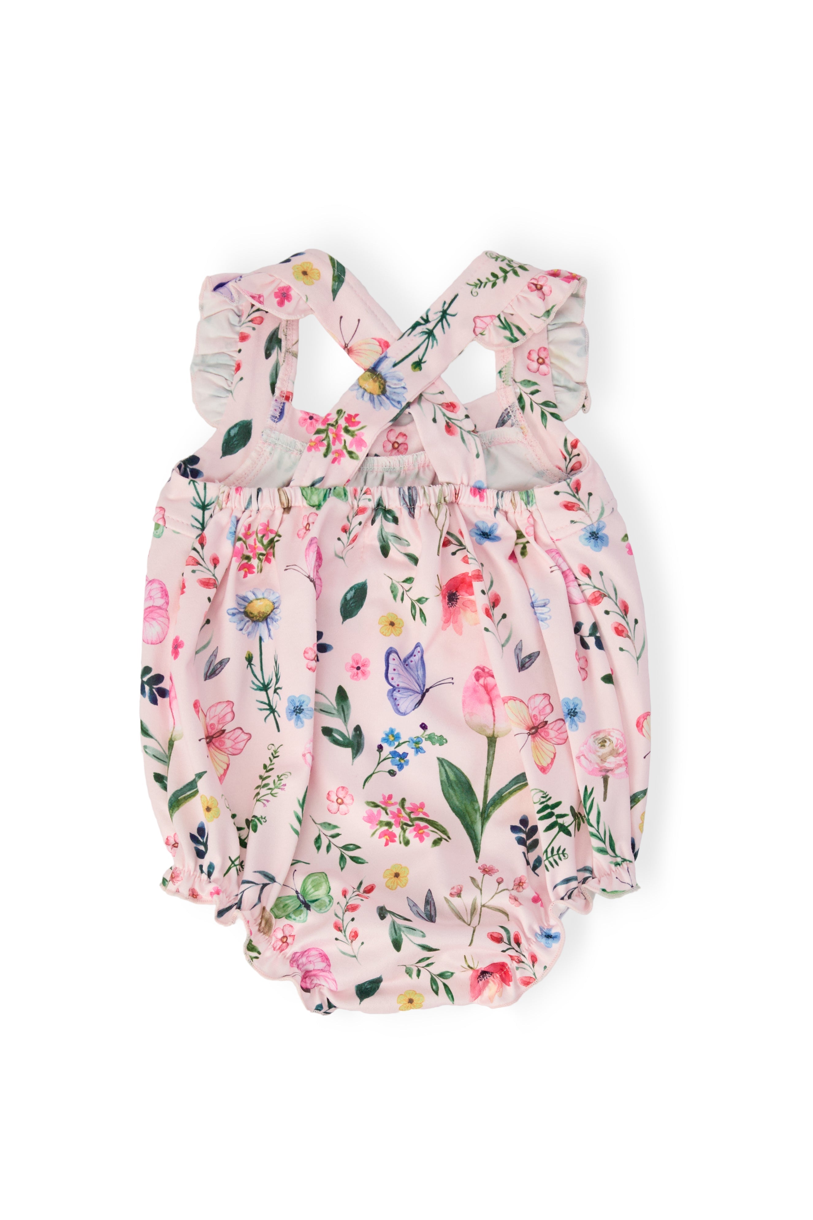 Butterfly Meadows Ruffle Cross Back Romper - Aaria Tees Aaria Tees