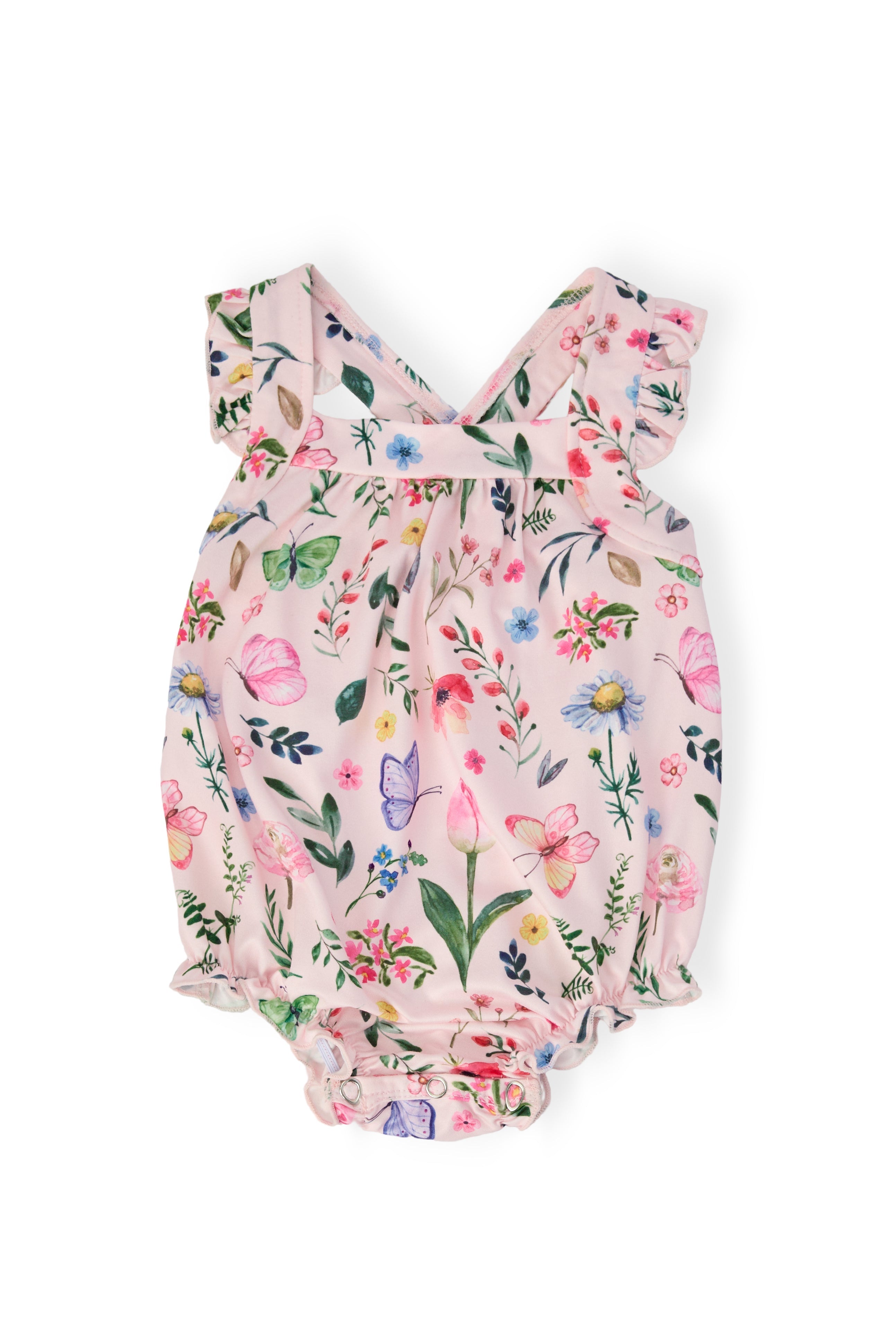 Butterfly Meadows Ruffle Cross Back Romper - Aaria Tees Aaria Tees