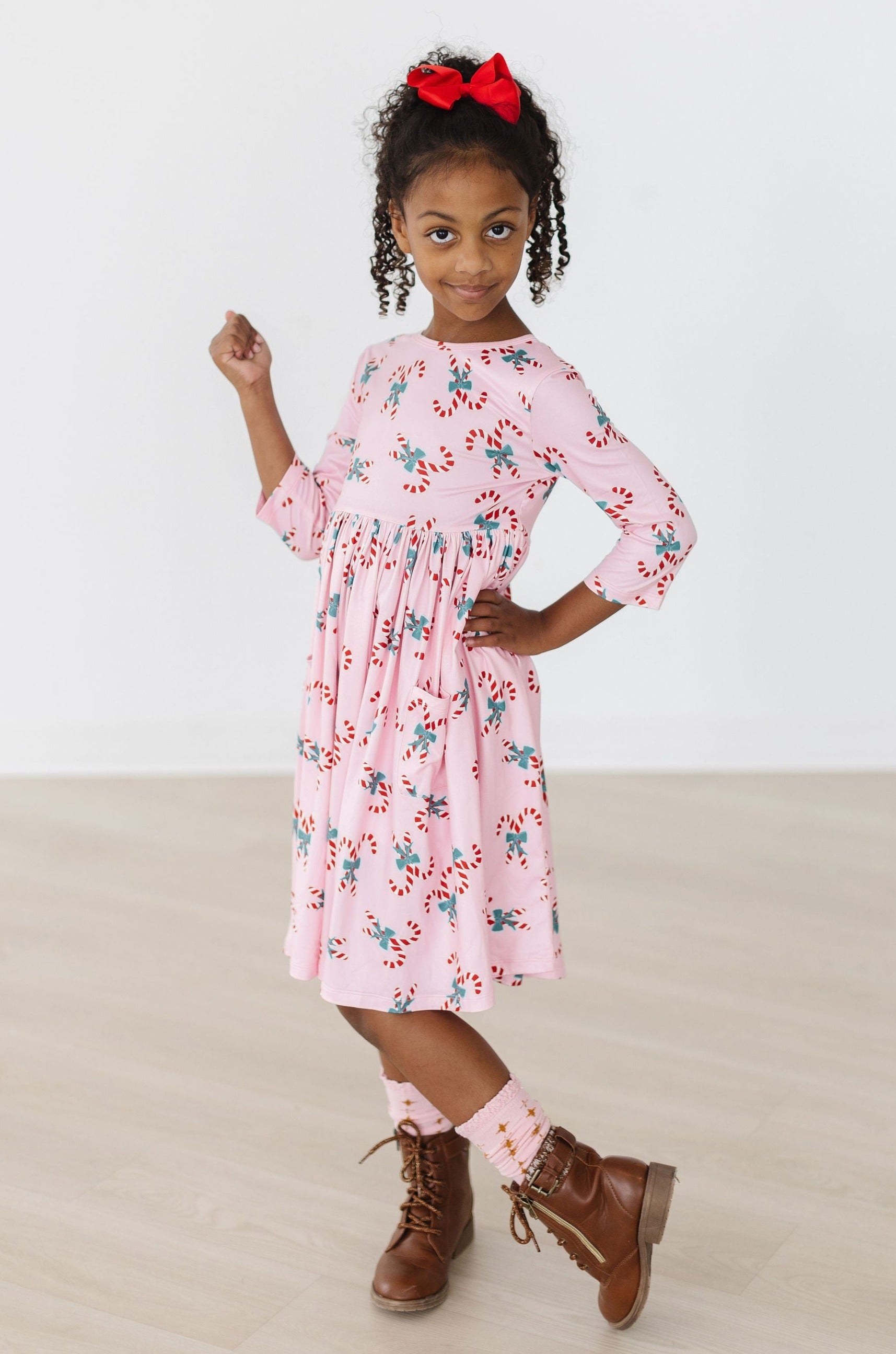 Candy Cane Cutie 3/4 Sleeve Pocket Twirl Dress - Aaria Tees Aaria Tees
