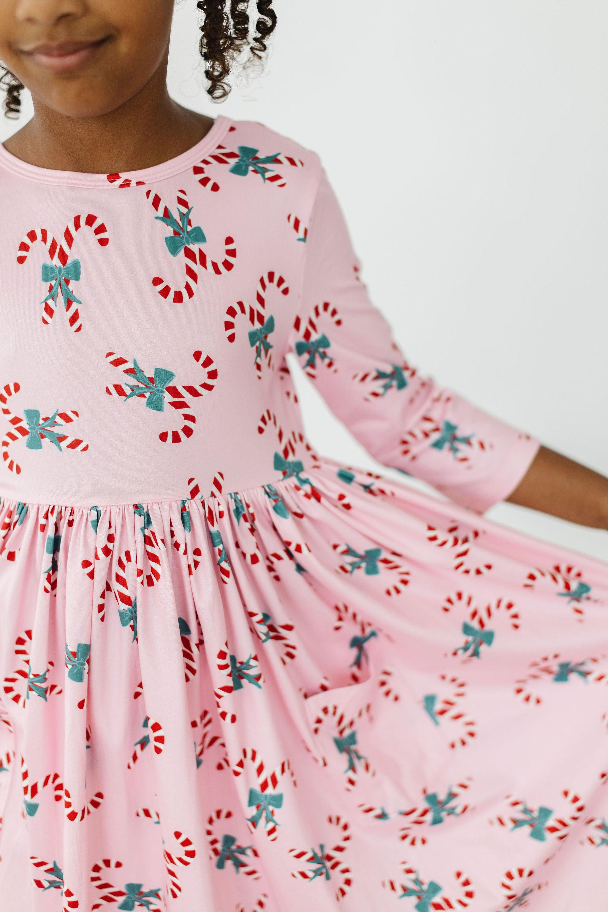 Candy Cane Cutie 3/4 Sleeve Pocket Twirl Dress - Aaria Tees Aaria Tees