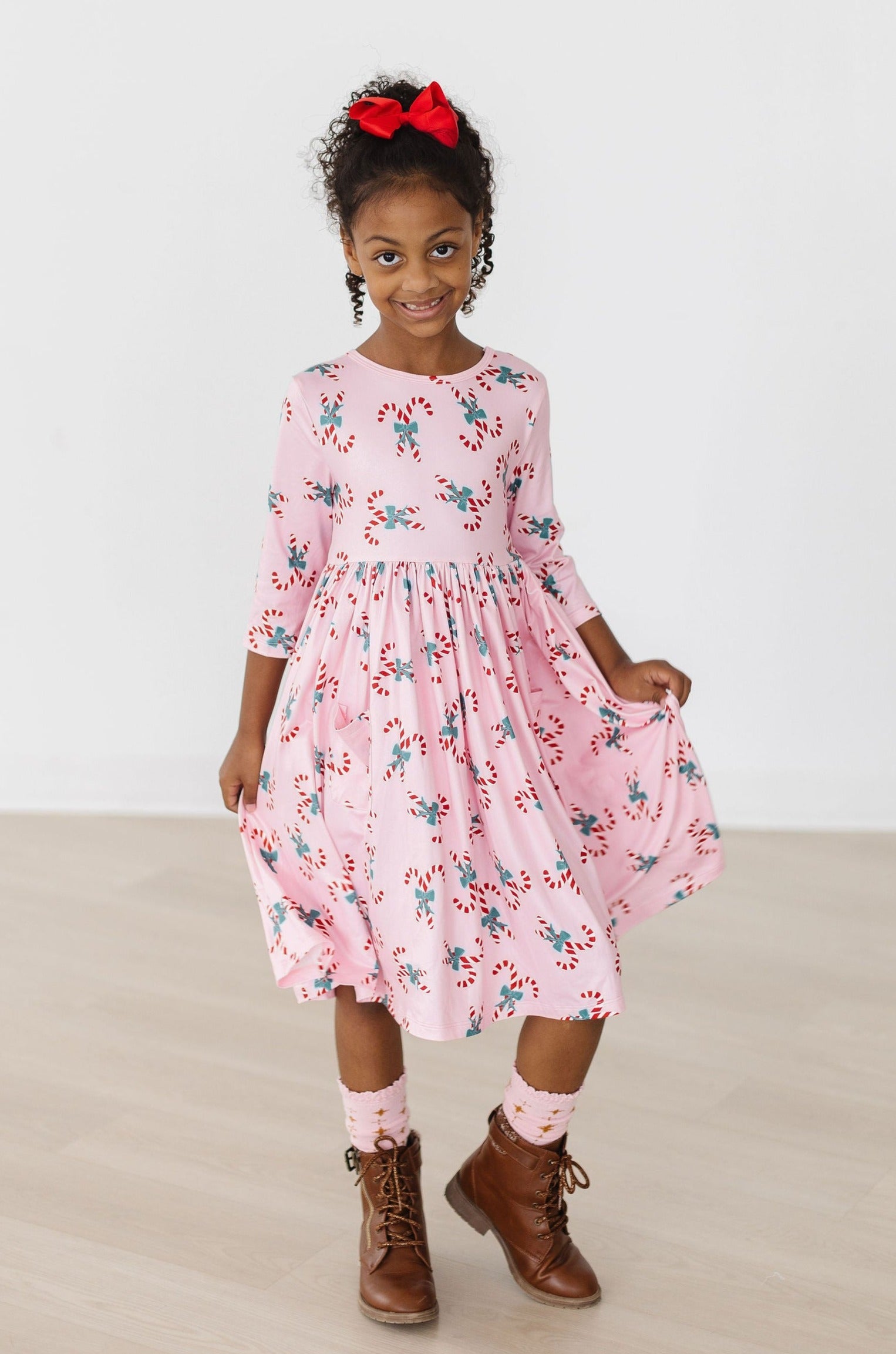 Candy Cane Cutie 3/4 Sleeve Pocket Twirl Dress - Aaria Tees Aaria Tees