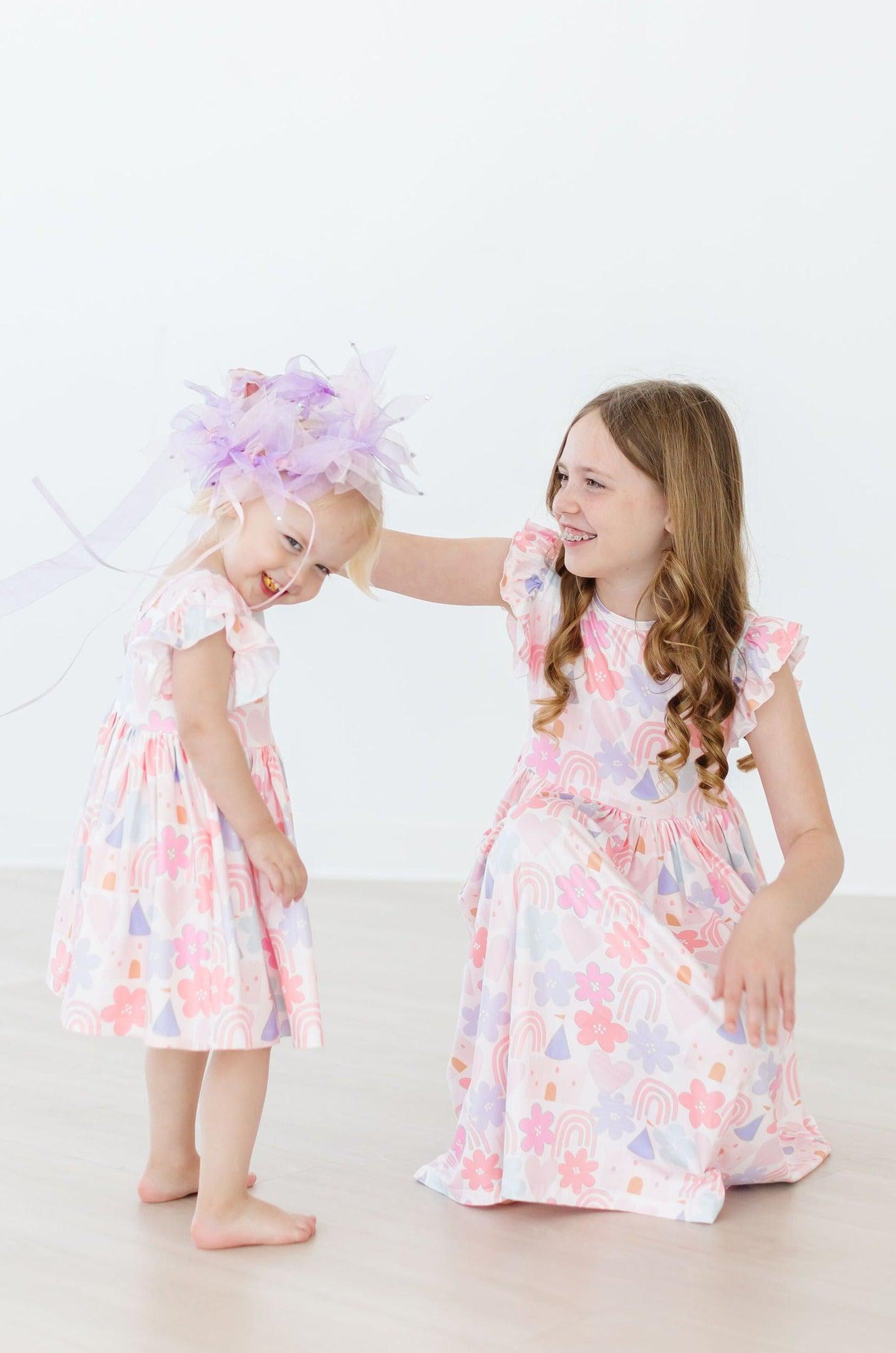 Castles & Rainbows Flutter Sleeve Twirl Dress - Aaria Tees Aaria Tees