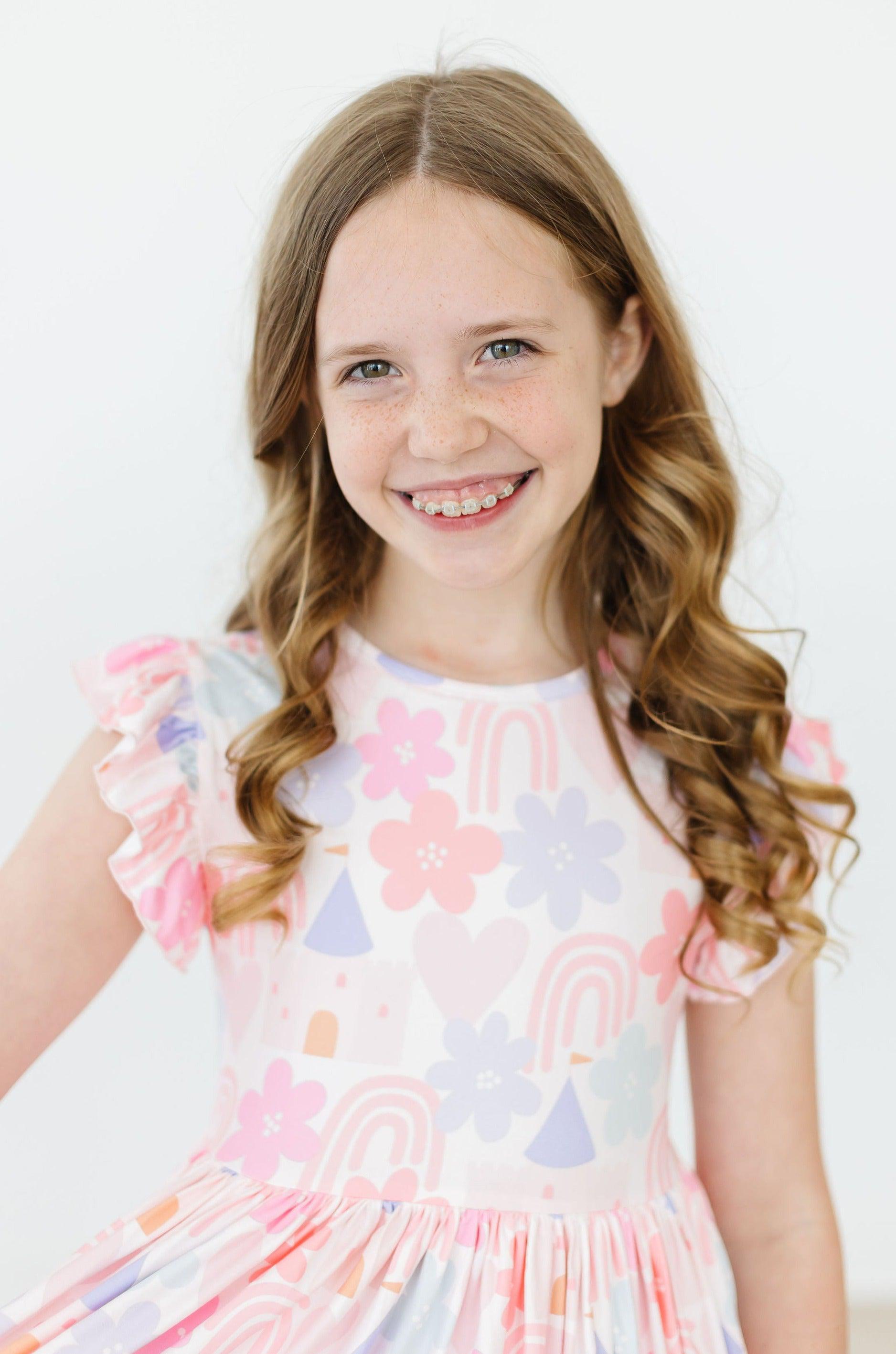 Castles & Rainbows Flutter Sleeve Twirl Dress - Aaria Tees Aaria Tees