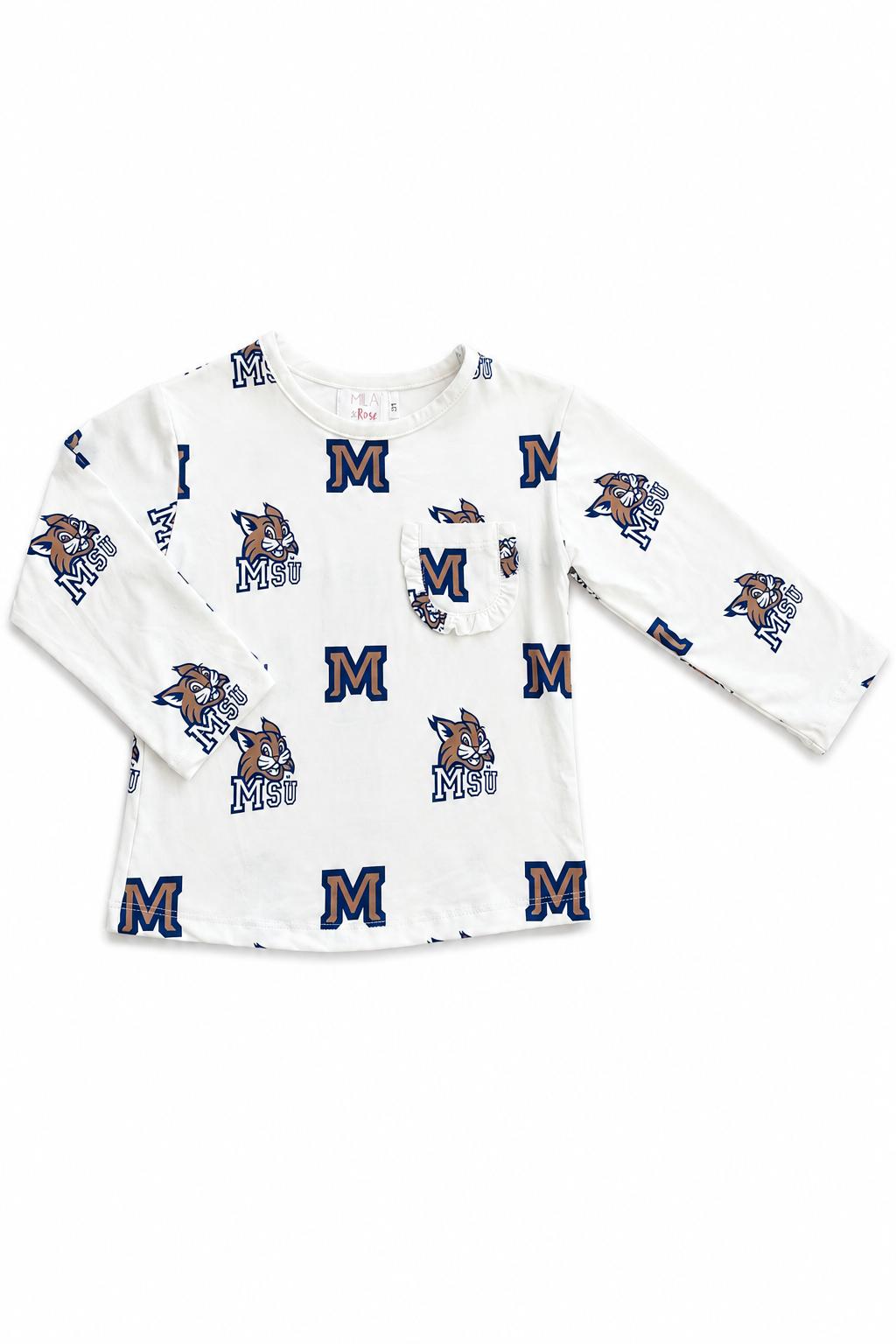 Montana State University White Bobcat L/S Ruffle Pocket Tee - Aaria Tees