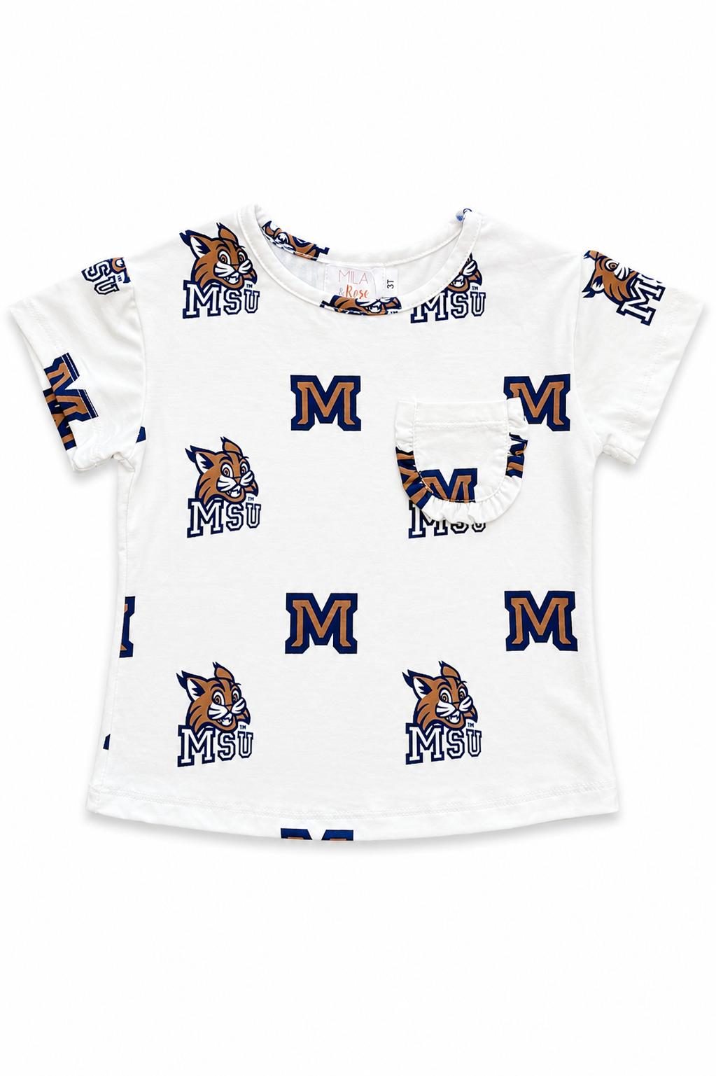 Montana State University White Bobcat Ruffle Pocket Tee - Aaria Tees Aaria Tees
