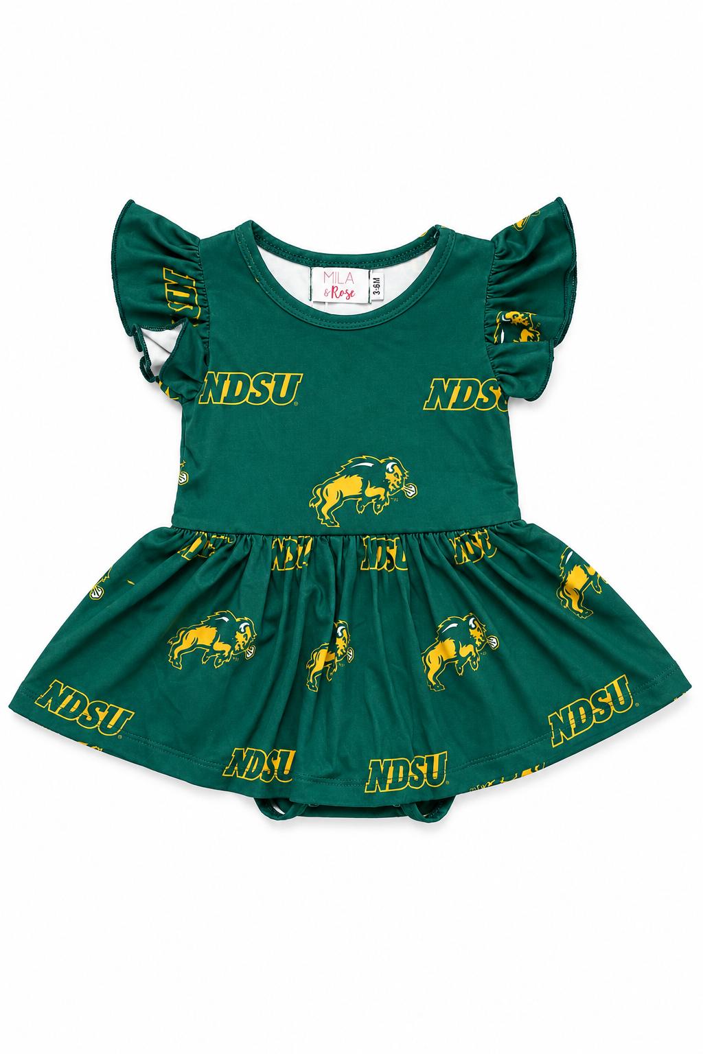 North Dakota State University Green Bison S/S Flutter Twirl Bodysuit - Aaria Tees