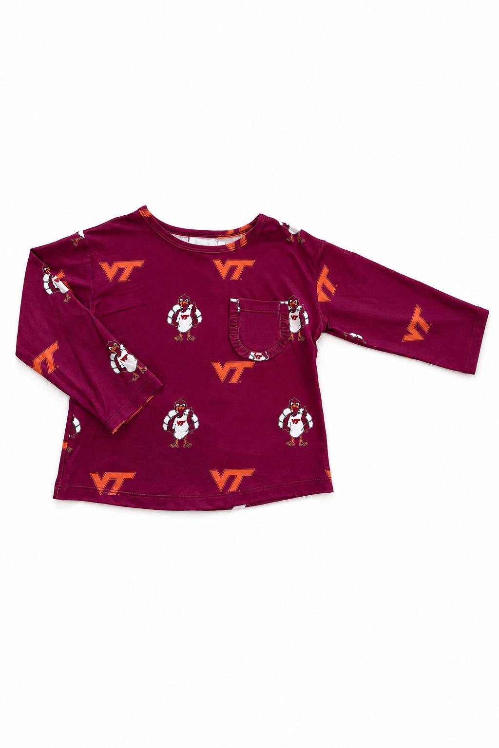 Virginia Tech Maroon Hokie L/S Ruffle Pocket Tee - Aaria Tees